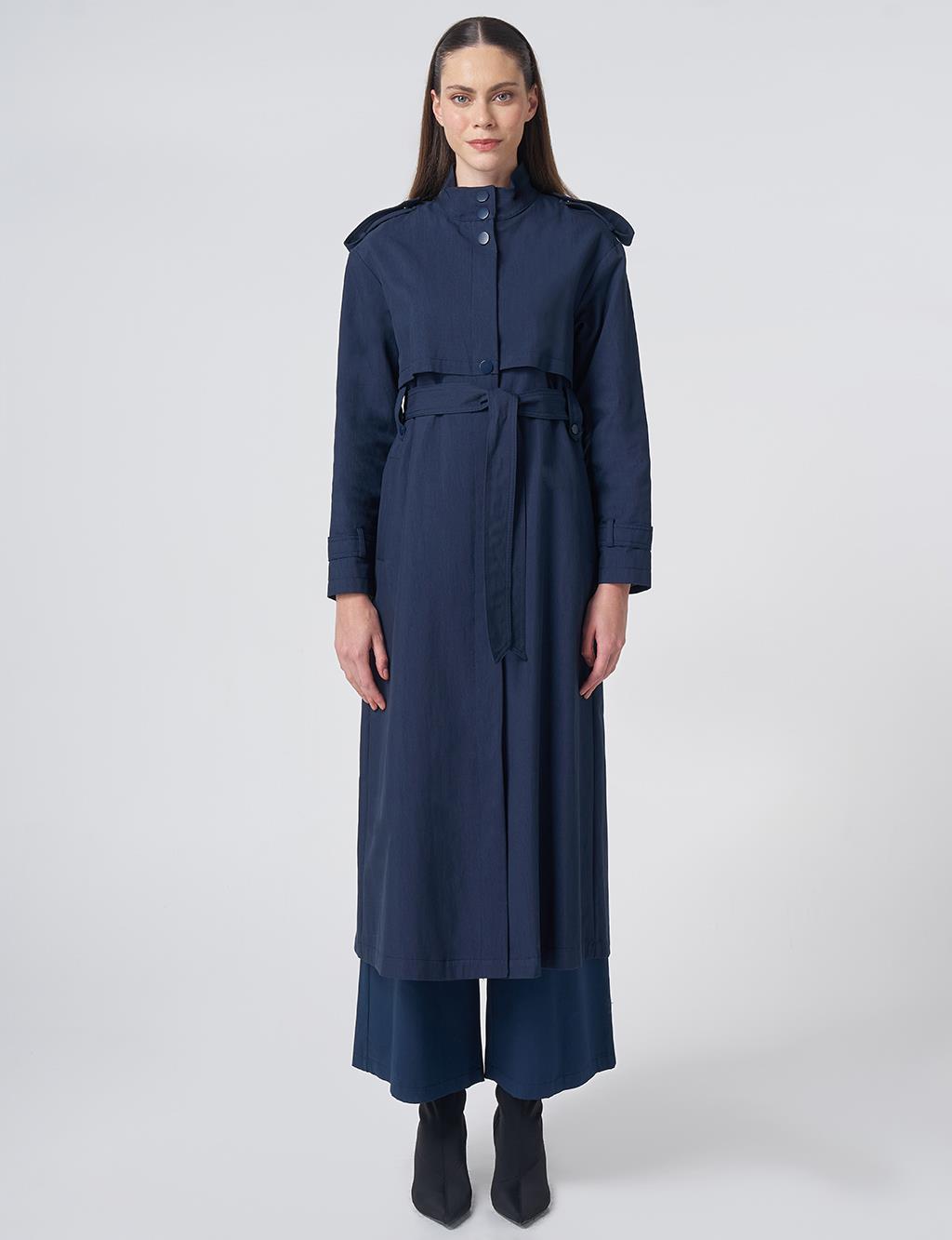 Stand Collar Trench Coat – Dark Navy