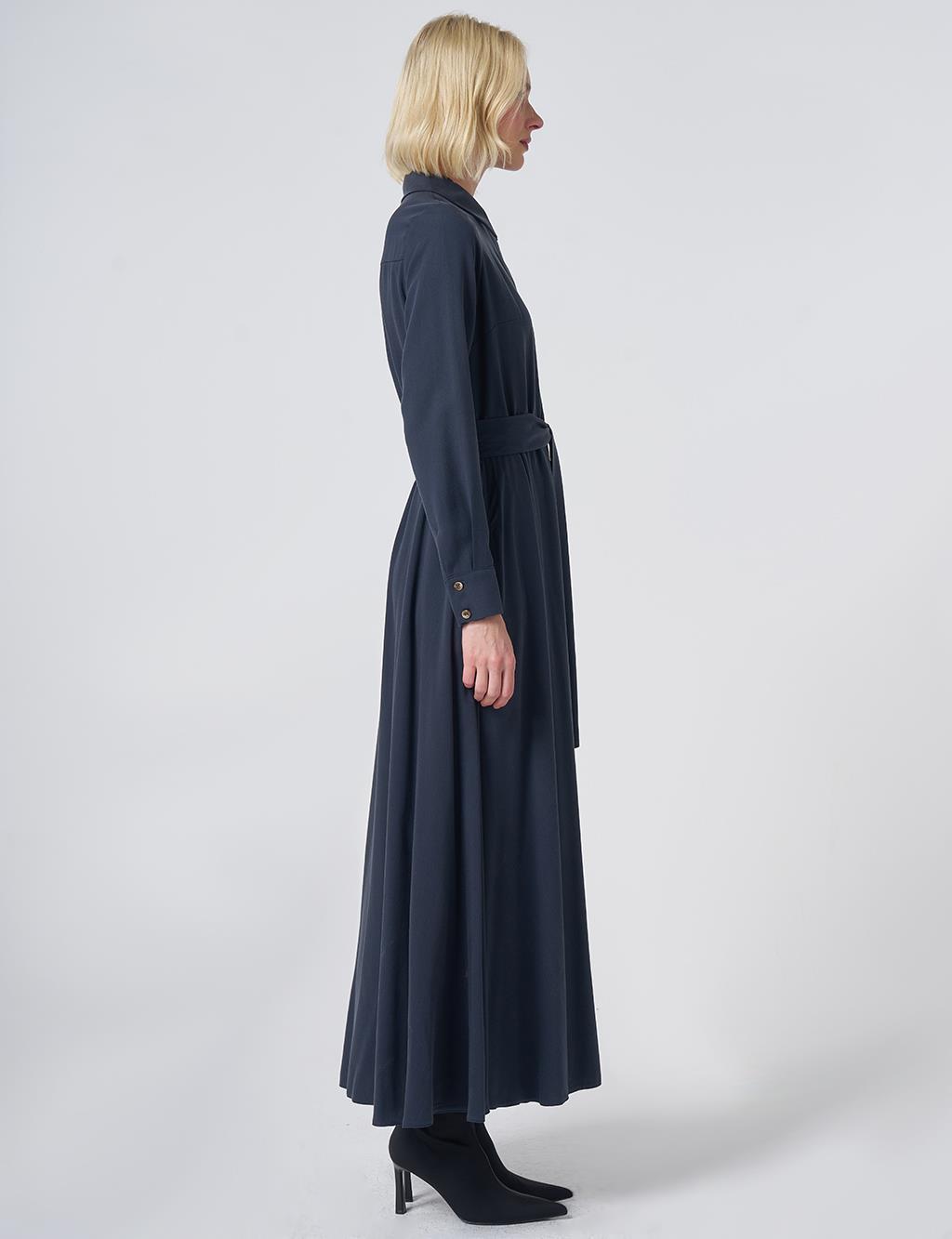 100% Lyocell Shirt-Collar Dress – Dark Navy