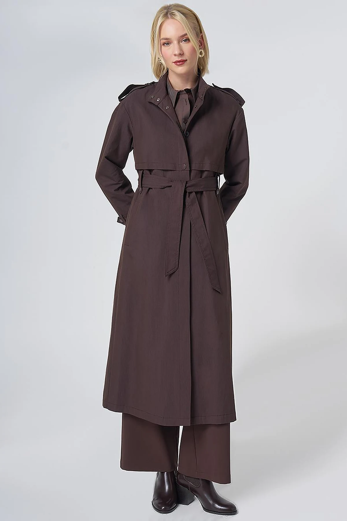 Stand Collar Trench Coat – Dark Brown