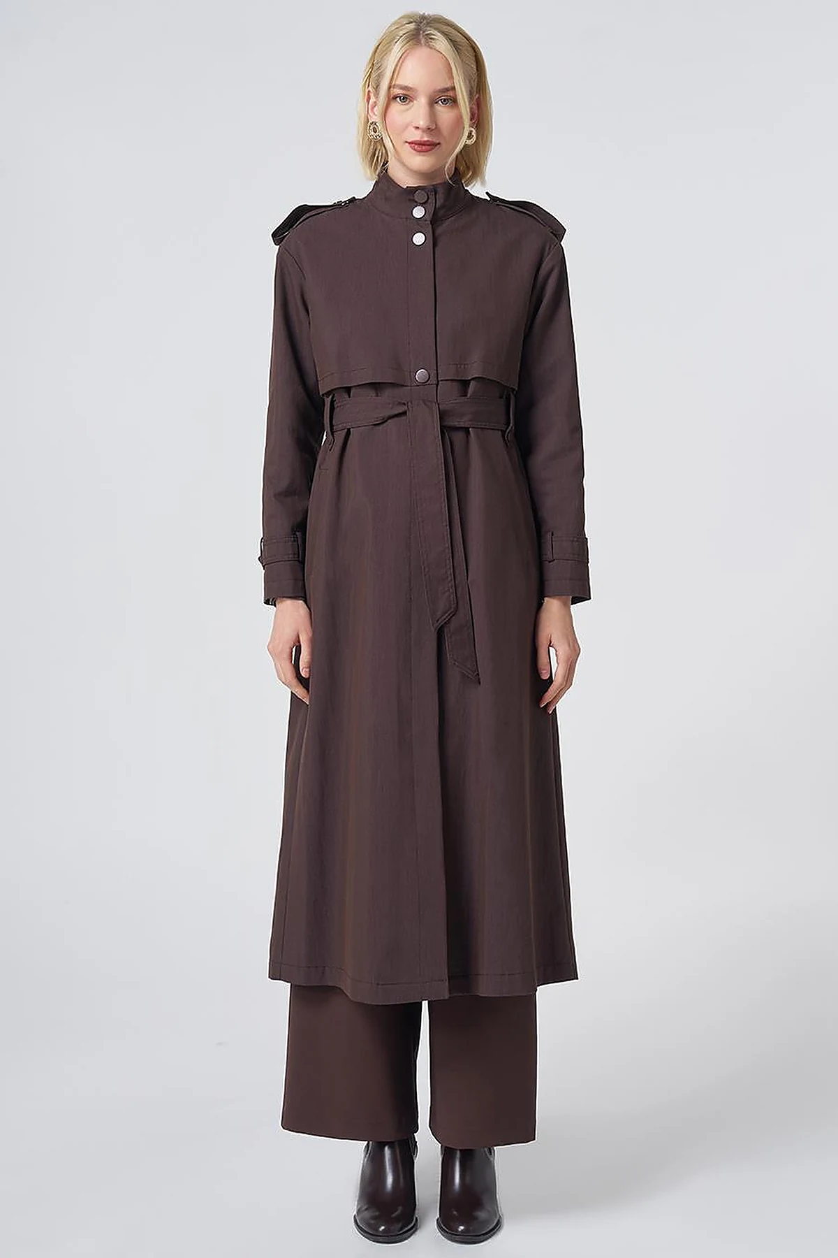 Stand Collar Trench Coat – Dark Brown