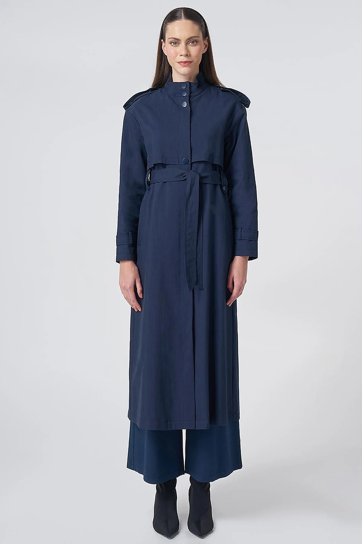 Stand Collar Trench Coat – Dark Navy