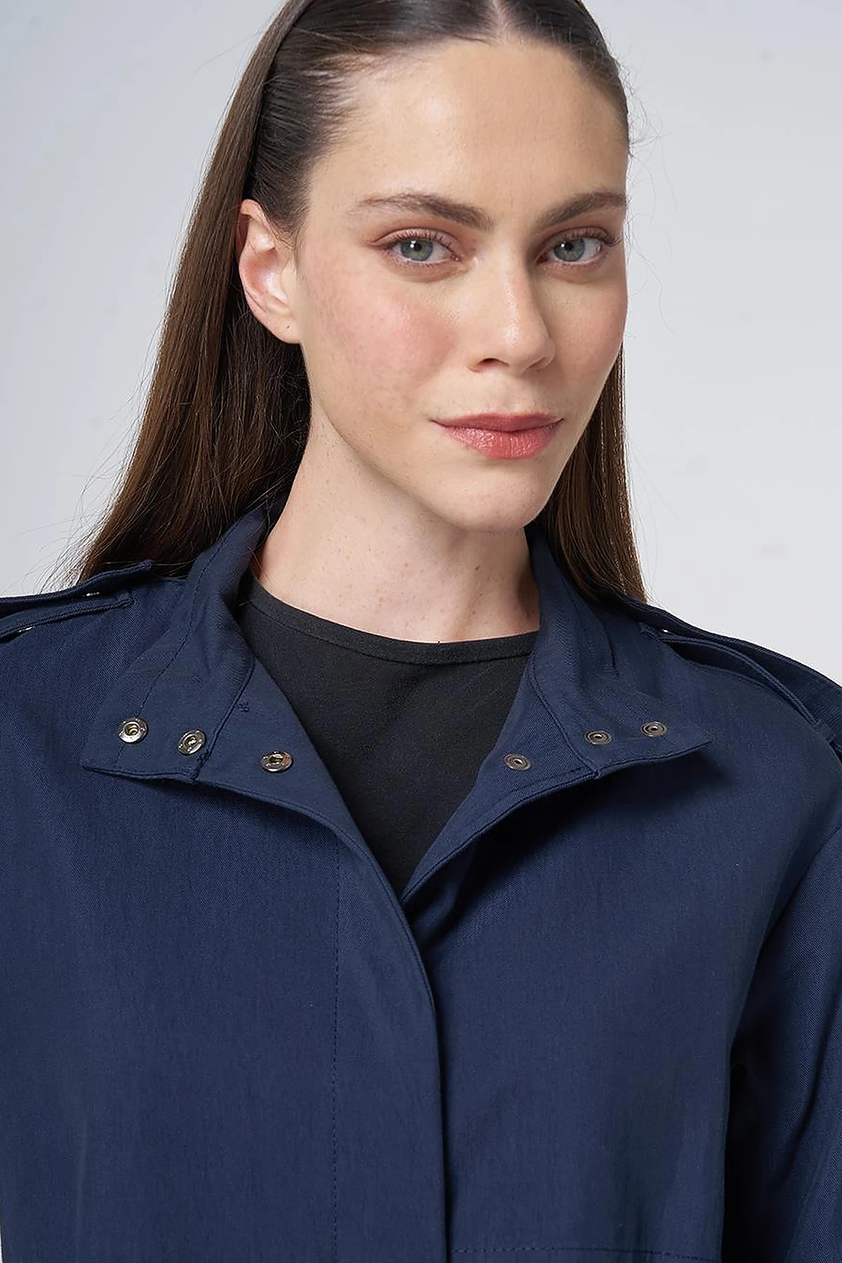 Stand Collar Trench Coat – Dark Navy