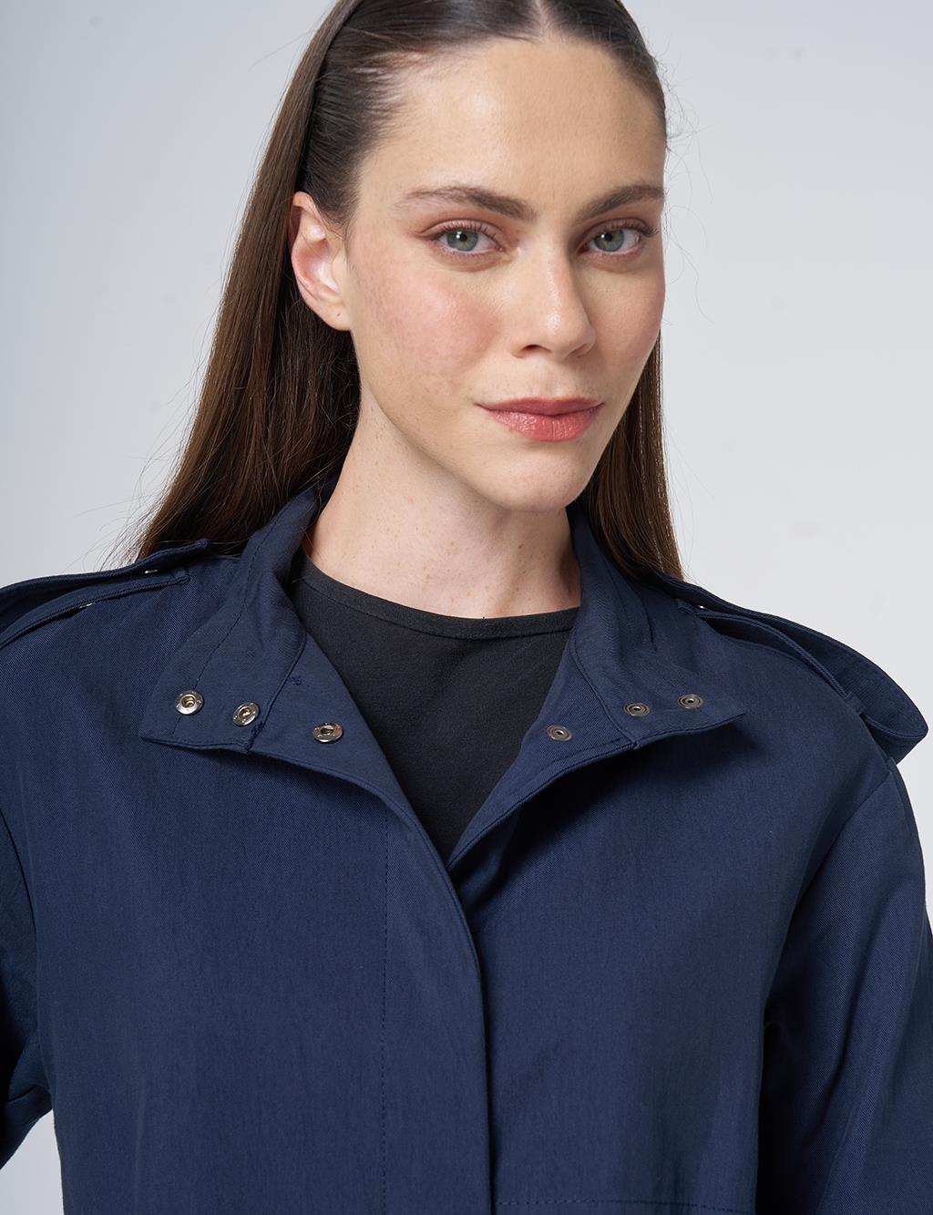Stand Collar Trench Coat – Dark Navy