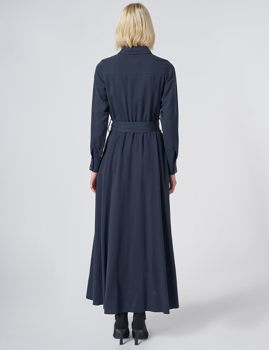 100% Lyocell Shirt-Collar Dress – Dark Navy