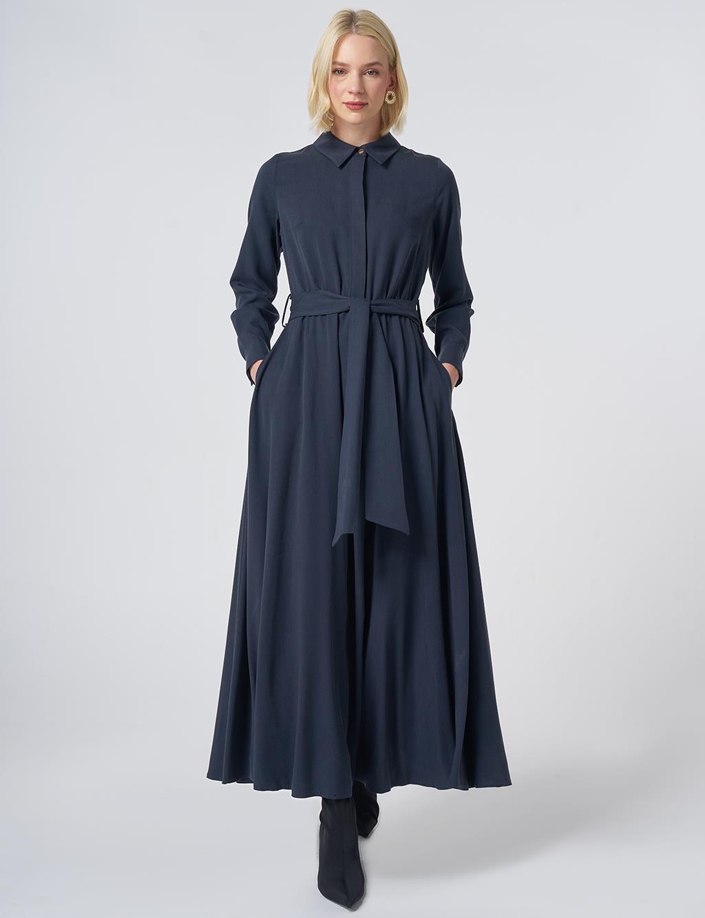 100% Lyocell Shirt-Collar Dress – Dark Navy