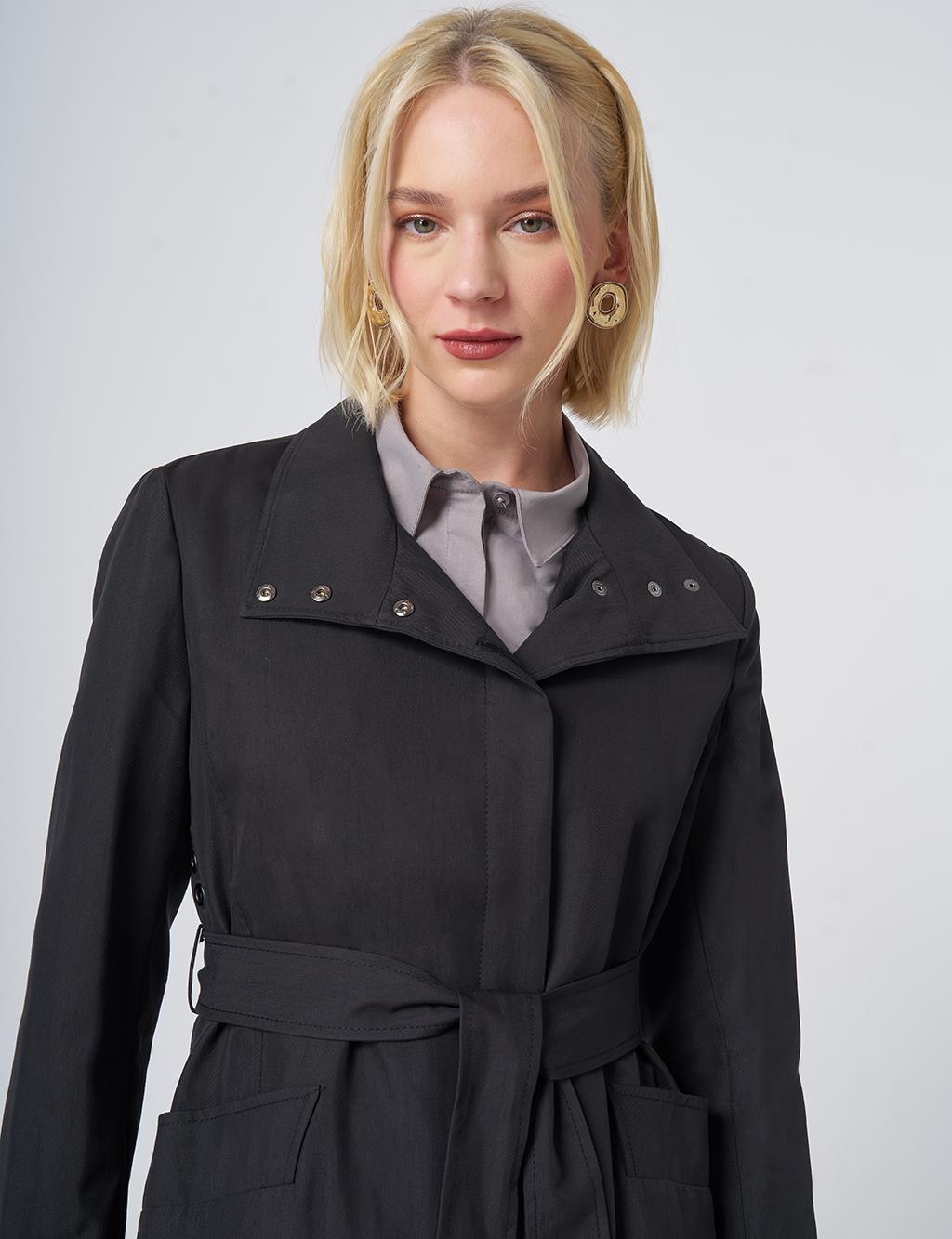 Belted Stand Collar Trench Coat – Black