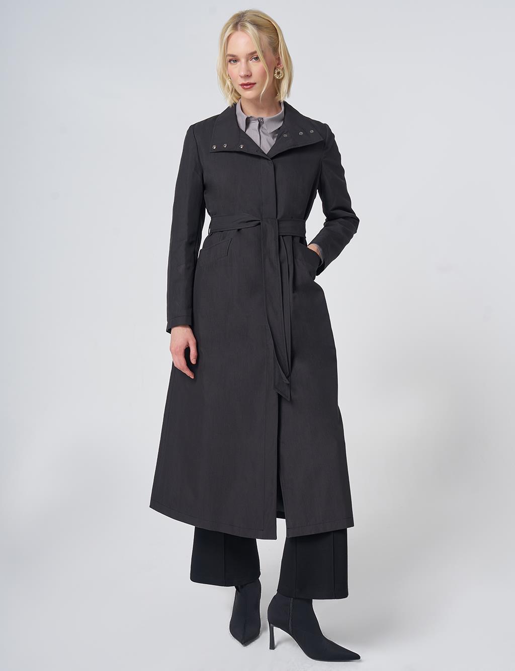 Belted Stand Collar Trench Coat – Black