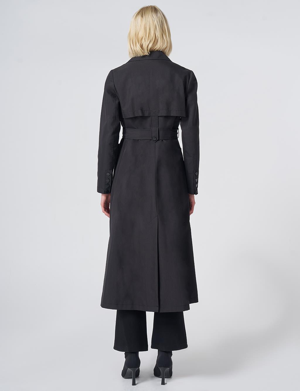 Belted Stand Collar Trench Coat – Black