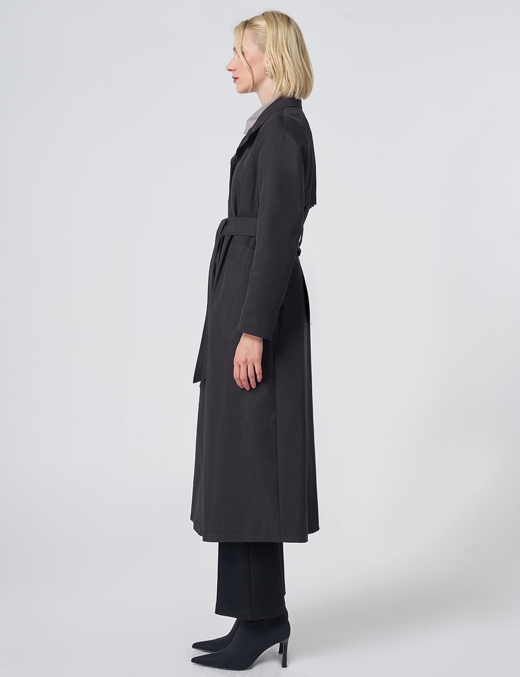 Belted Stand Collar Trench Coat – Black
