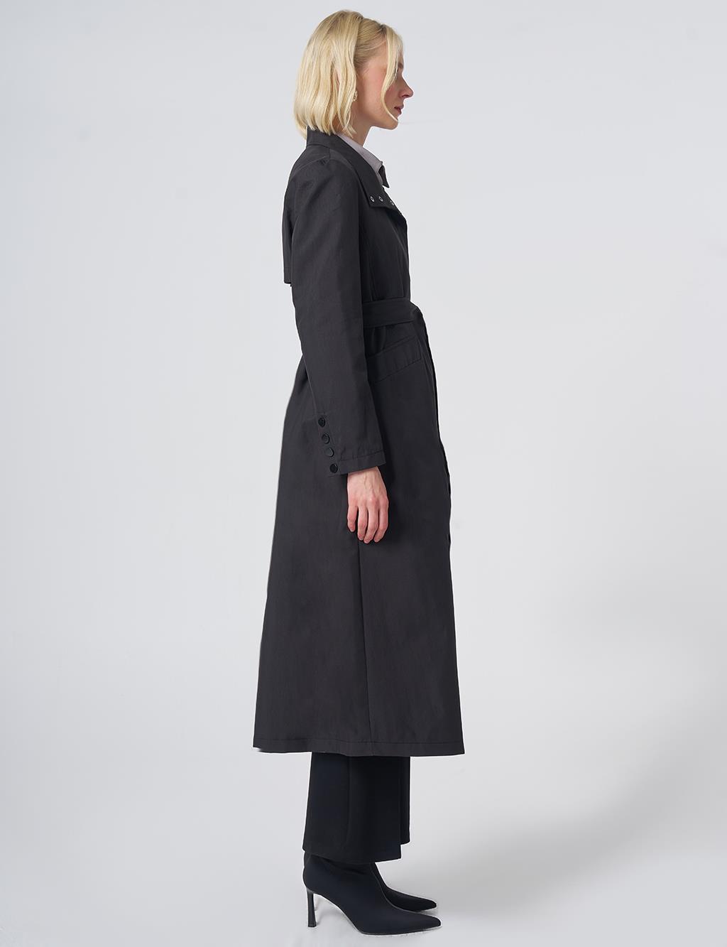 Belted Stand Collar Trench Coat – Black