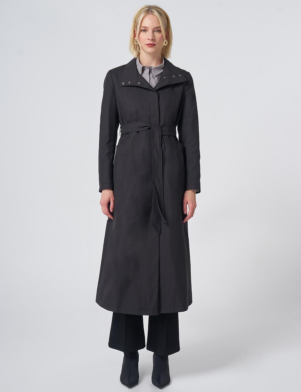 Belted Stand Collar Trench Coat – Black