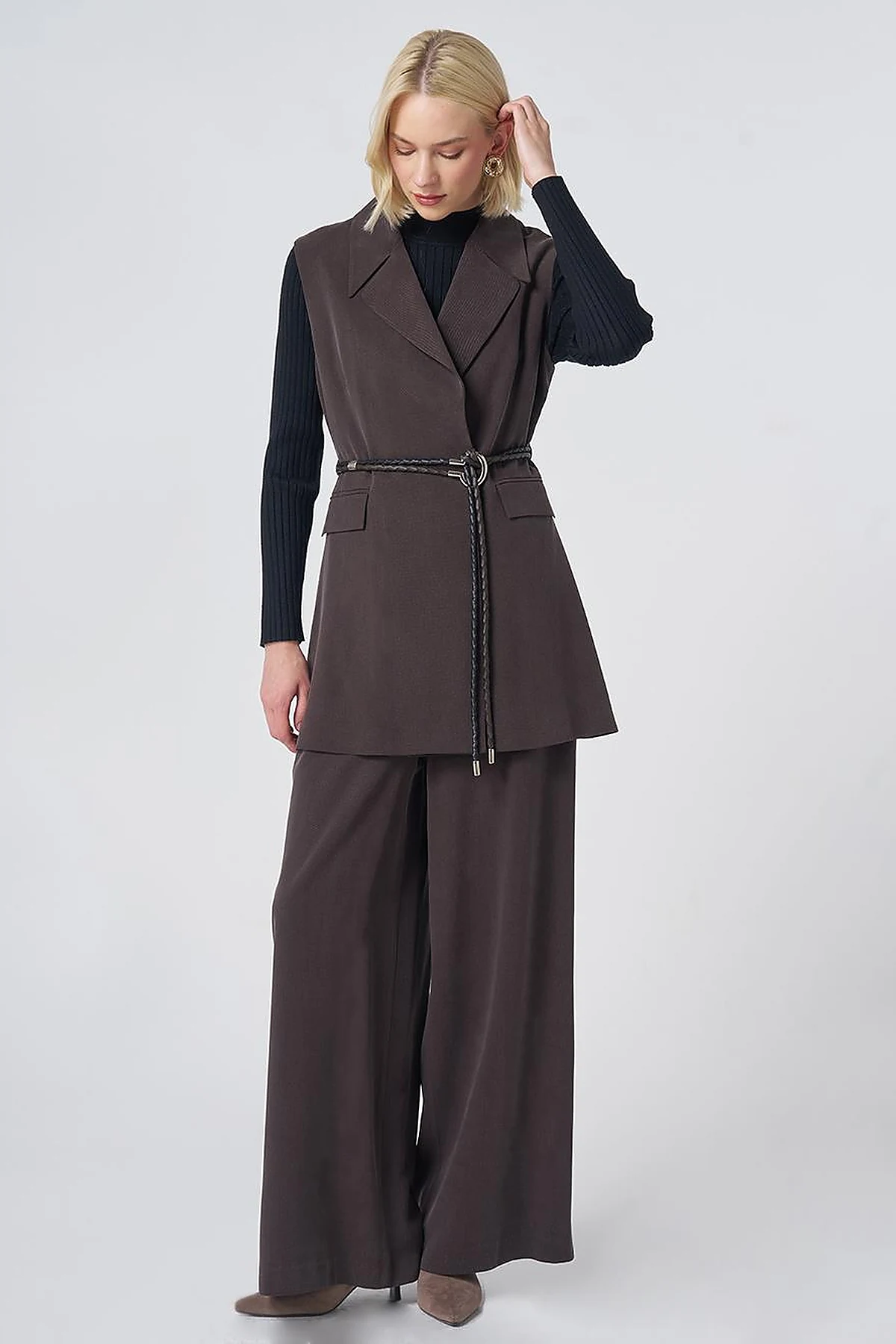 Belt-Detail Lyocell-Viscose Two-Piece Set –Brown