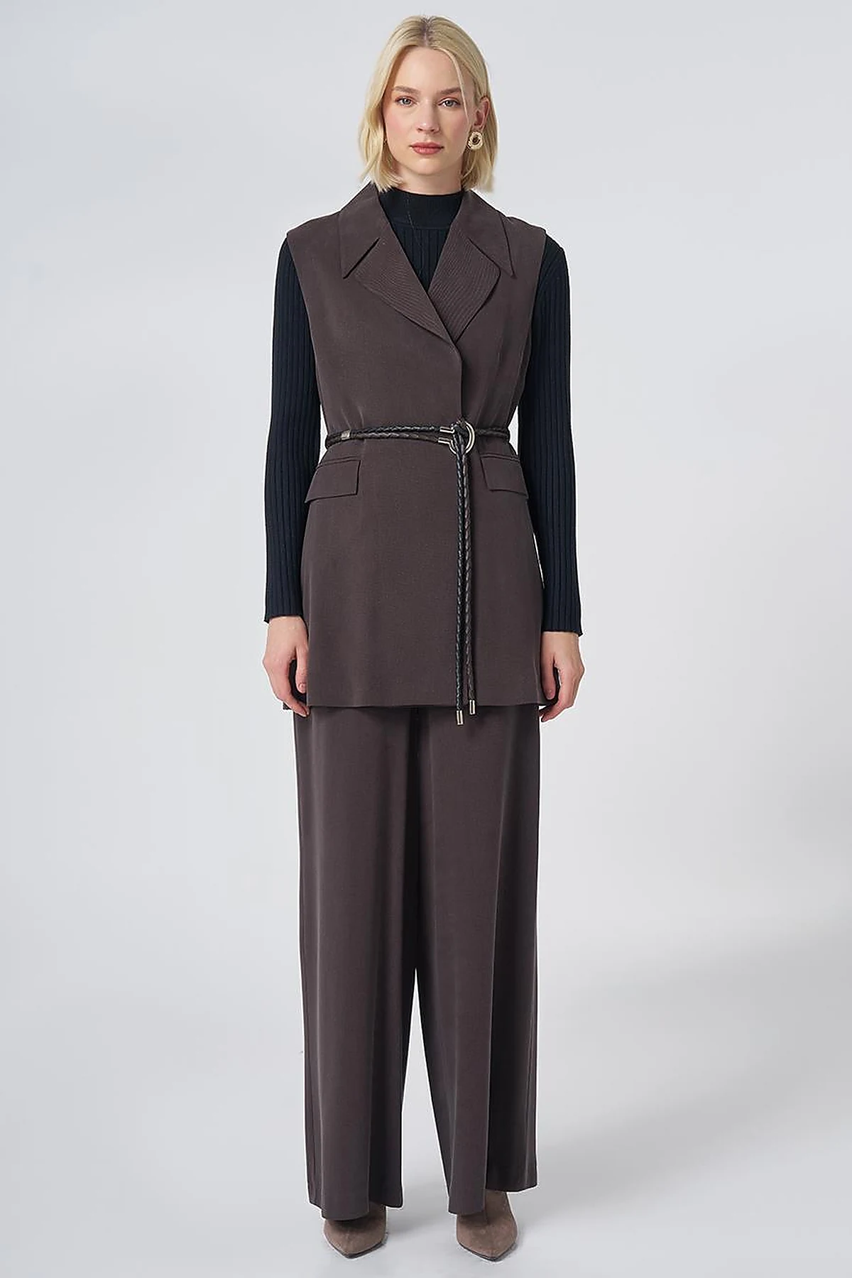 Belt-Detail Lyocell-Viscose Two-Piece Set –Brown