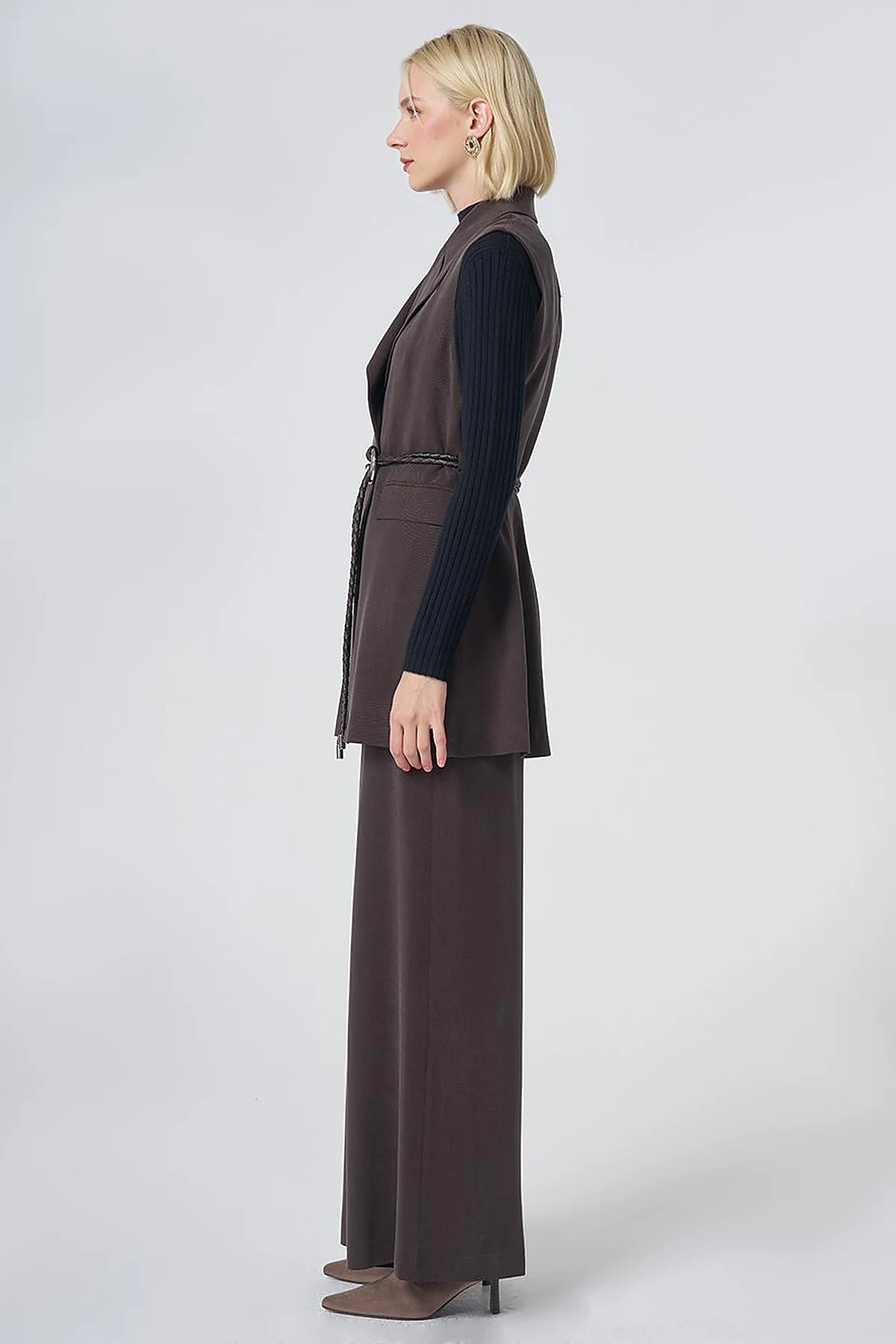 Belt-Detail Lyocell-Viscose Two-Piece Set –Brown