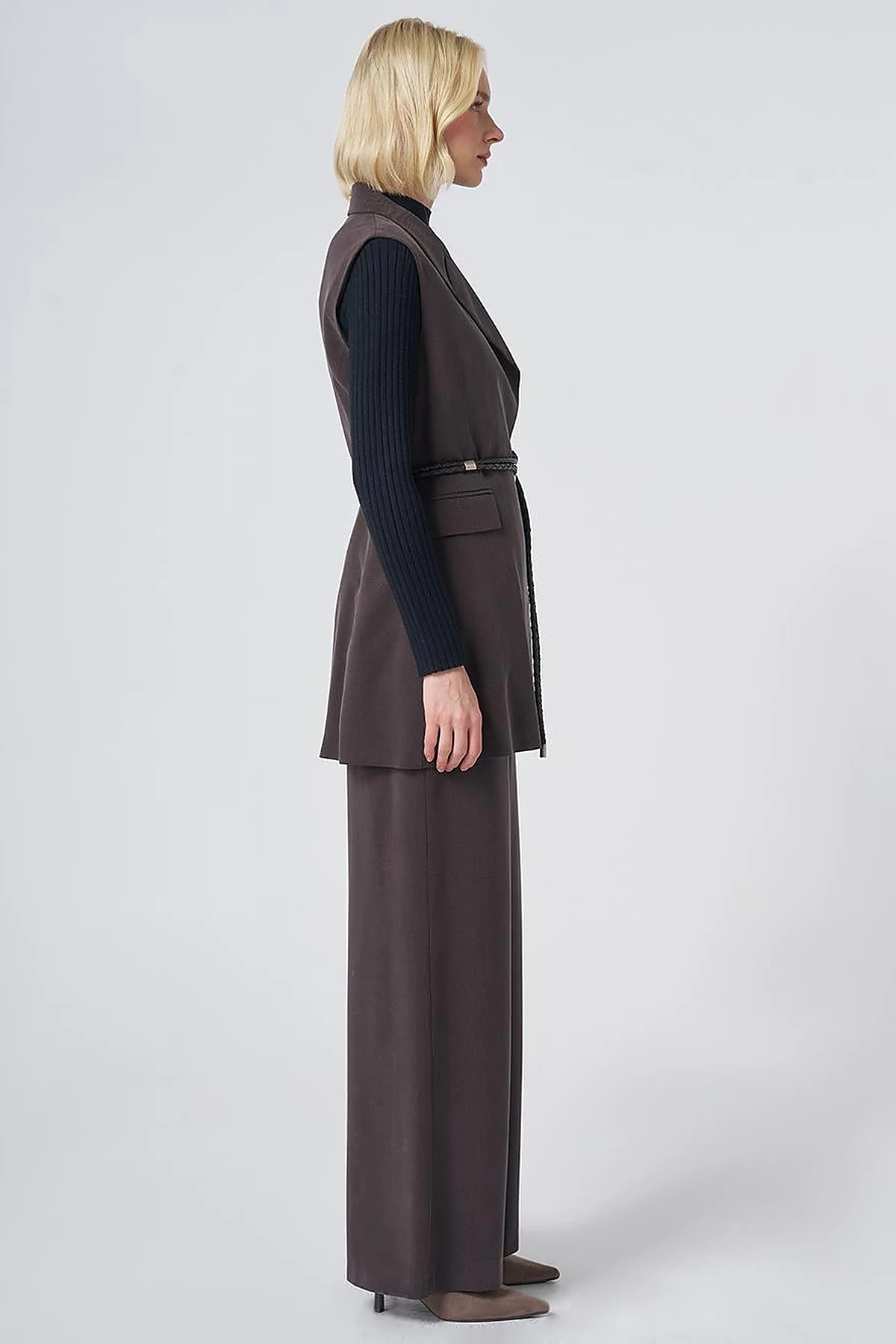 Belt-Detail Lyocell-Viscose Two-Piece Set –Brown
