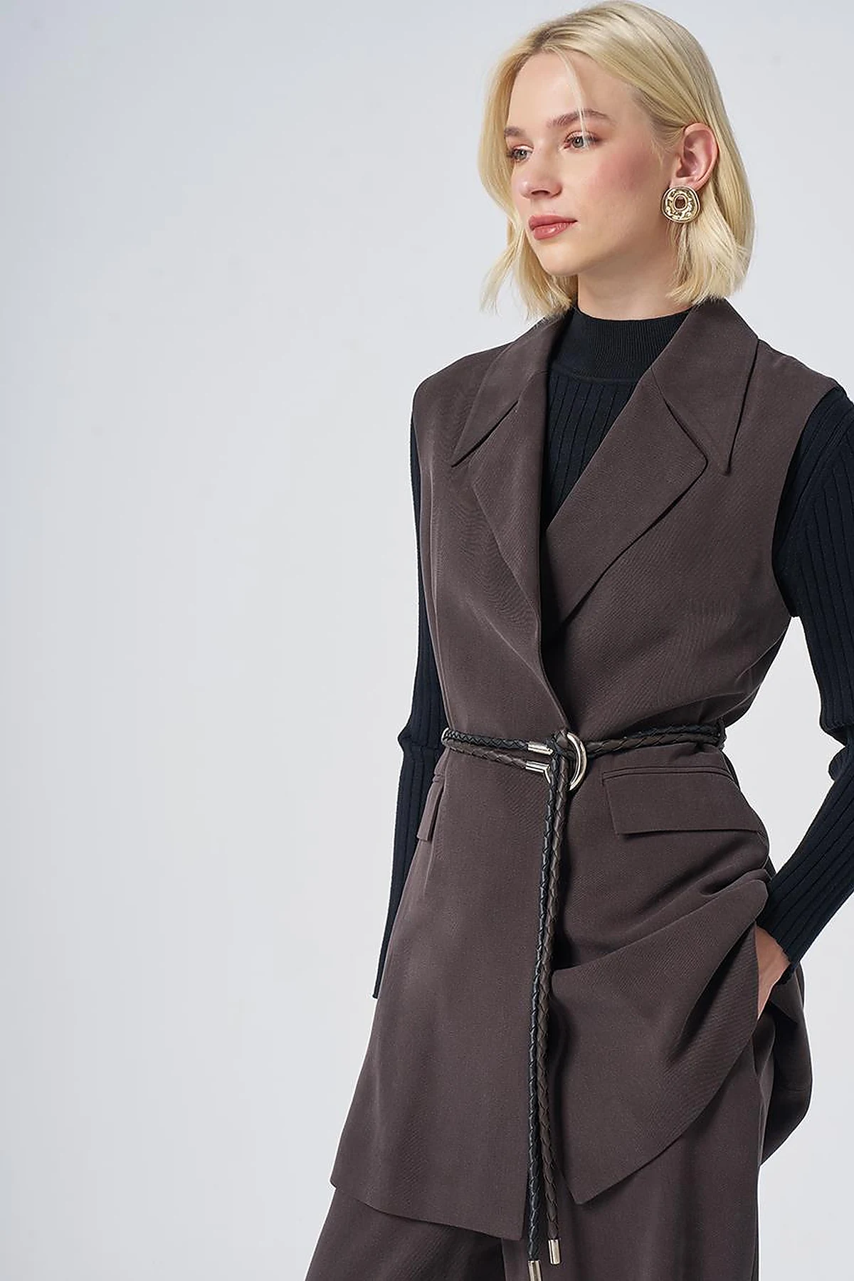 Belt-Detail Lyocell-Viscose Two-Piece Set –Brown