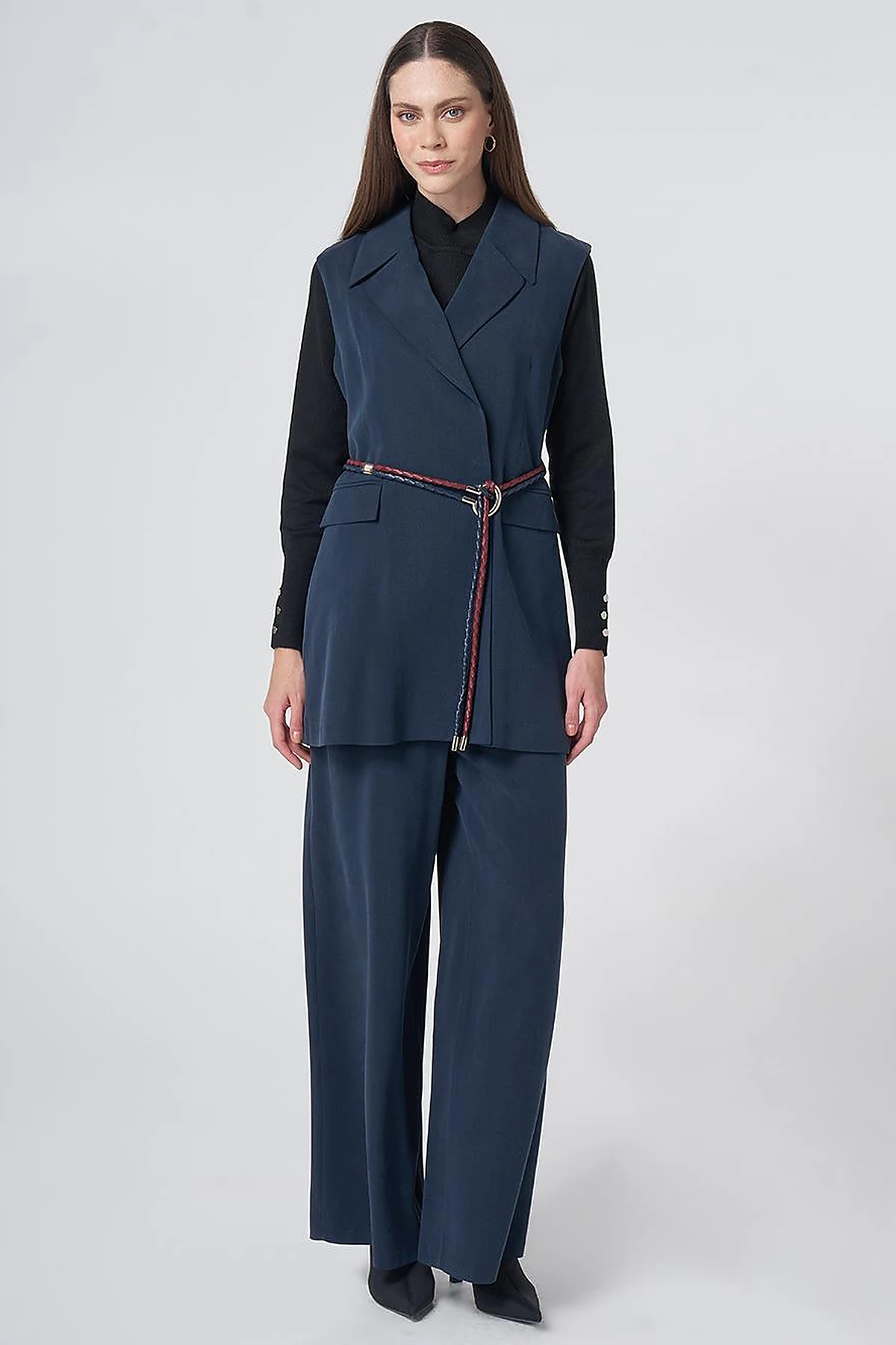 Belt-Detail Lyocell-Viscose Two-Piece Set –Navy