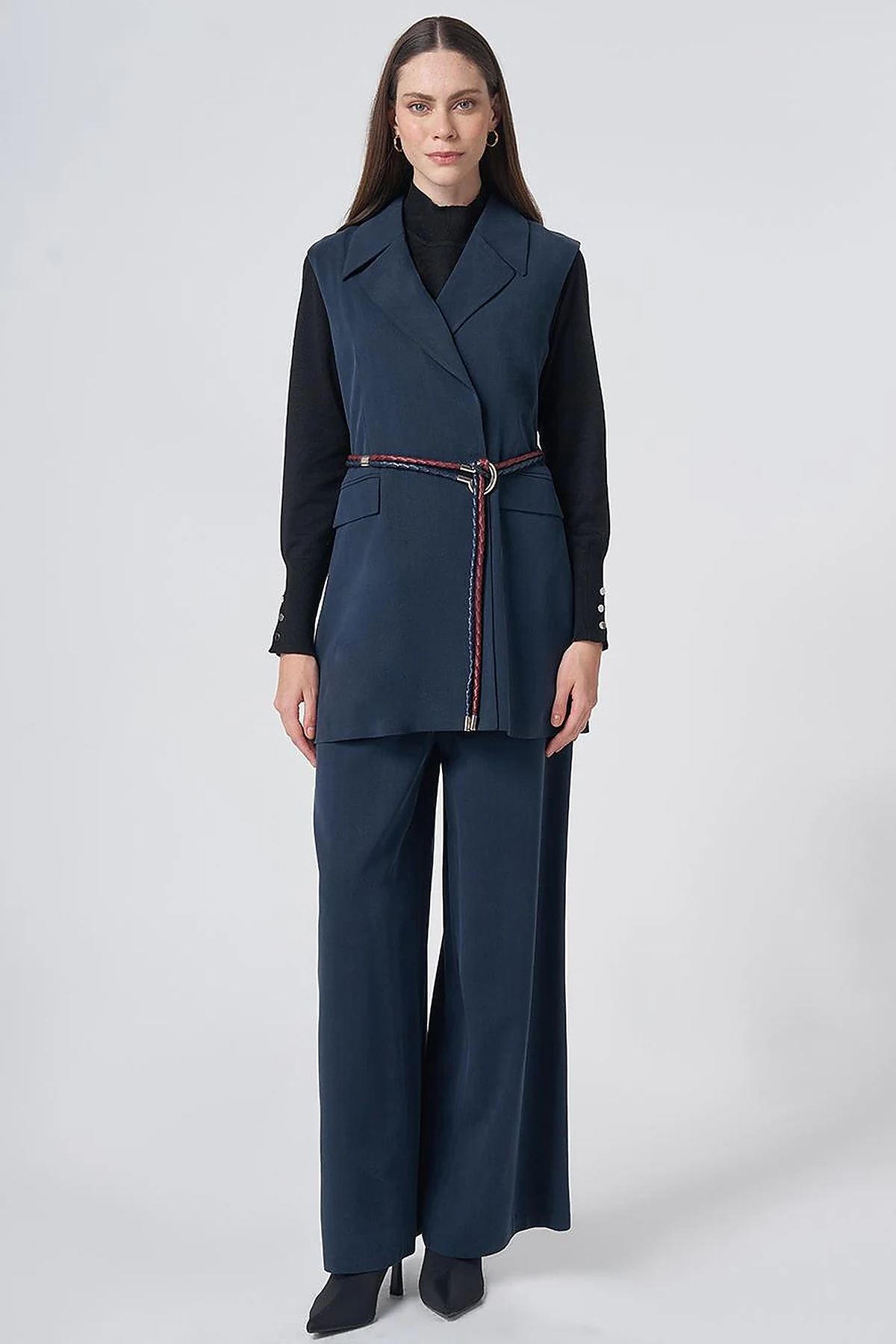 Belt-Detail Lyocell-Viscose Two-Piece Set –Navy