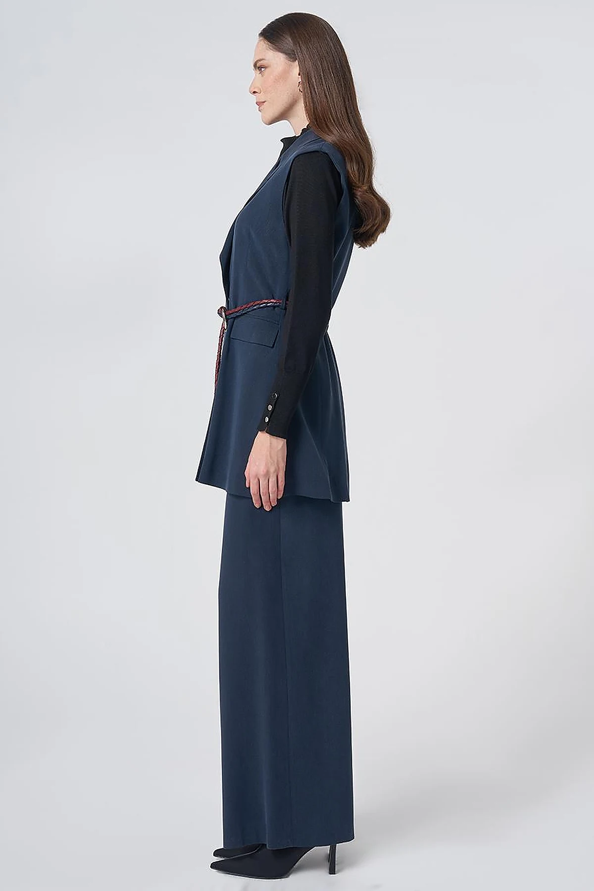 Belt-Detail Lyocell-Viscose Two-Piece Set –Navy