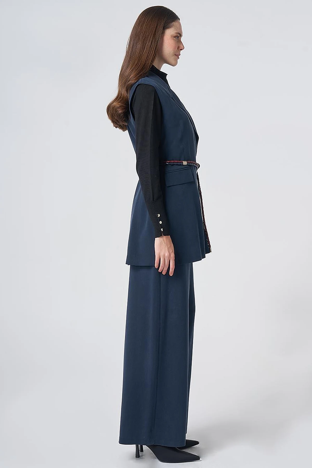 Belt-Detail Lyocell-Viscose Two-Piece Set –Navy