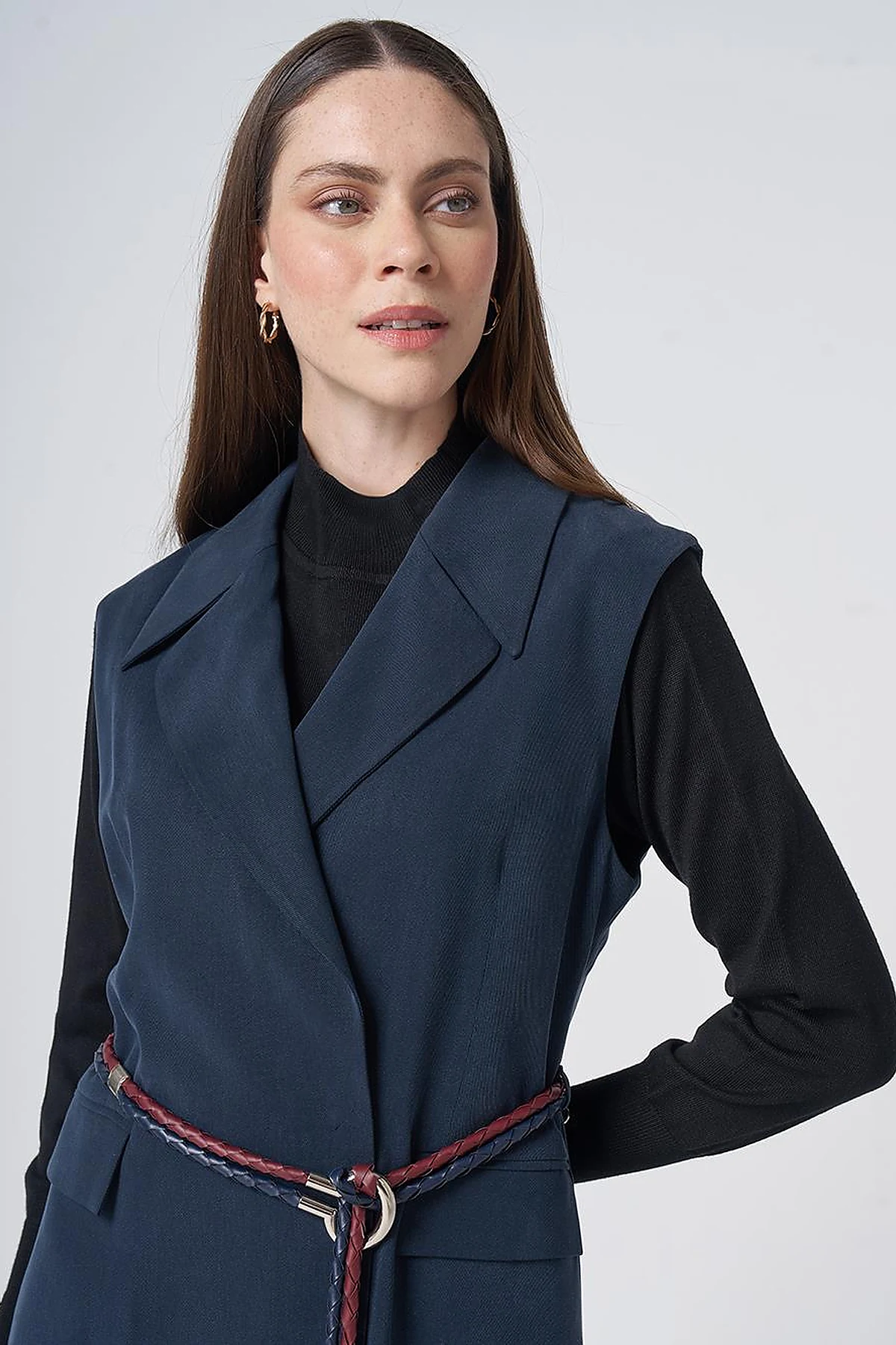 Belt-Detail Lyocell-Viscose Two-Piece Set –Navy