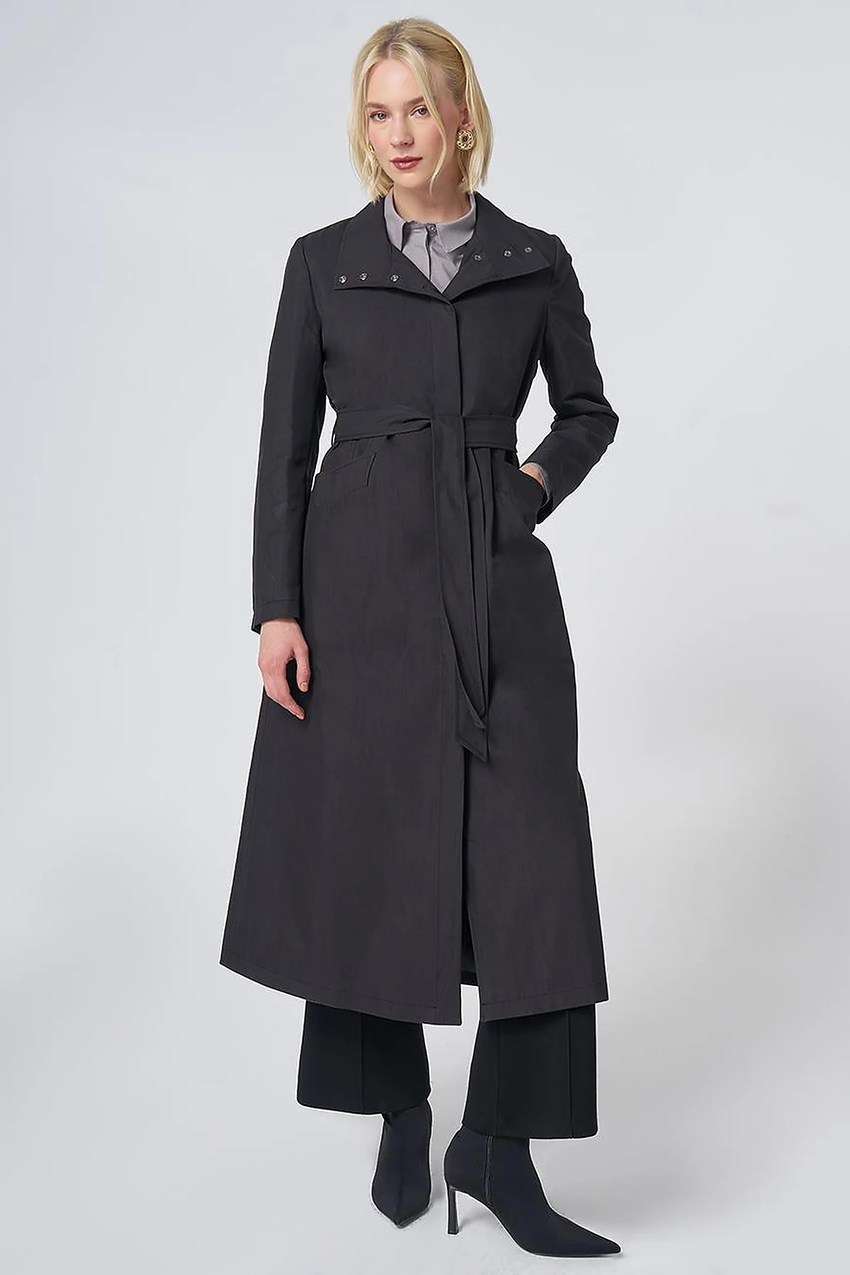 Belted Stand Collar Trench Coat – Black