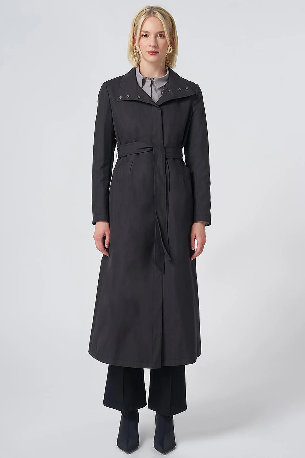 Belted Stand Collar Trench Coat – Black