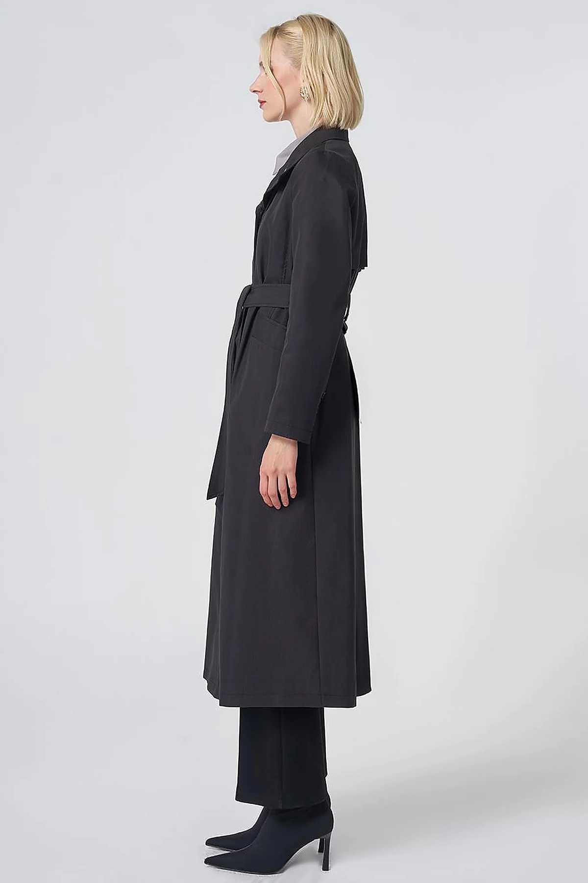Belted Stand Collar Trench Coat – Black