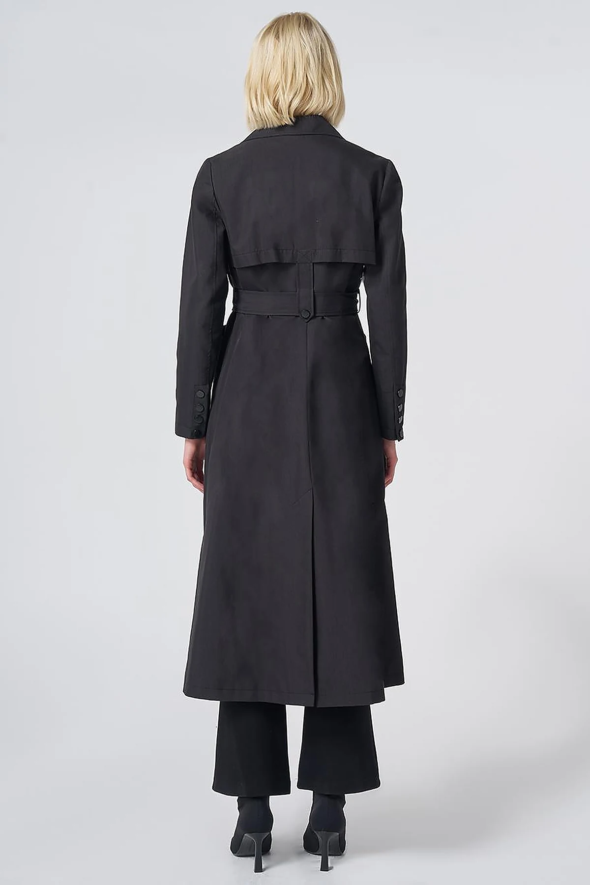 Belted Stand Collar Trench Coat – Black