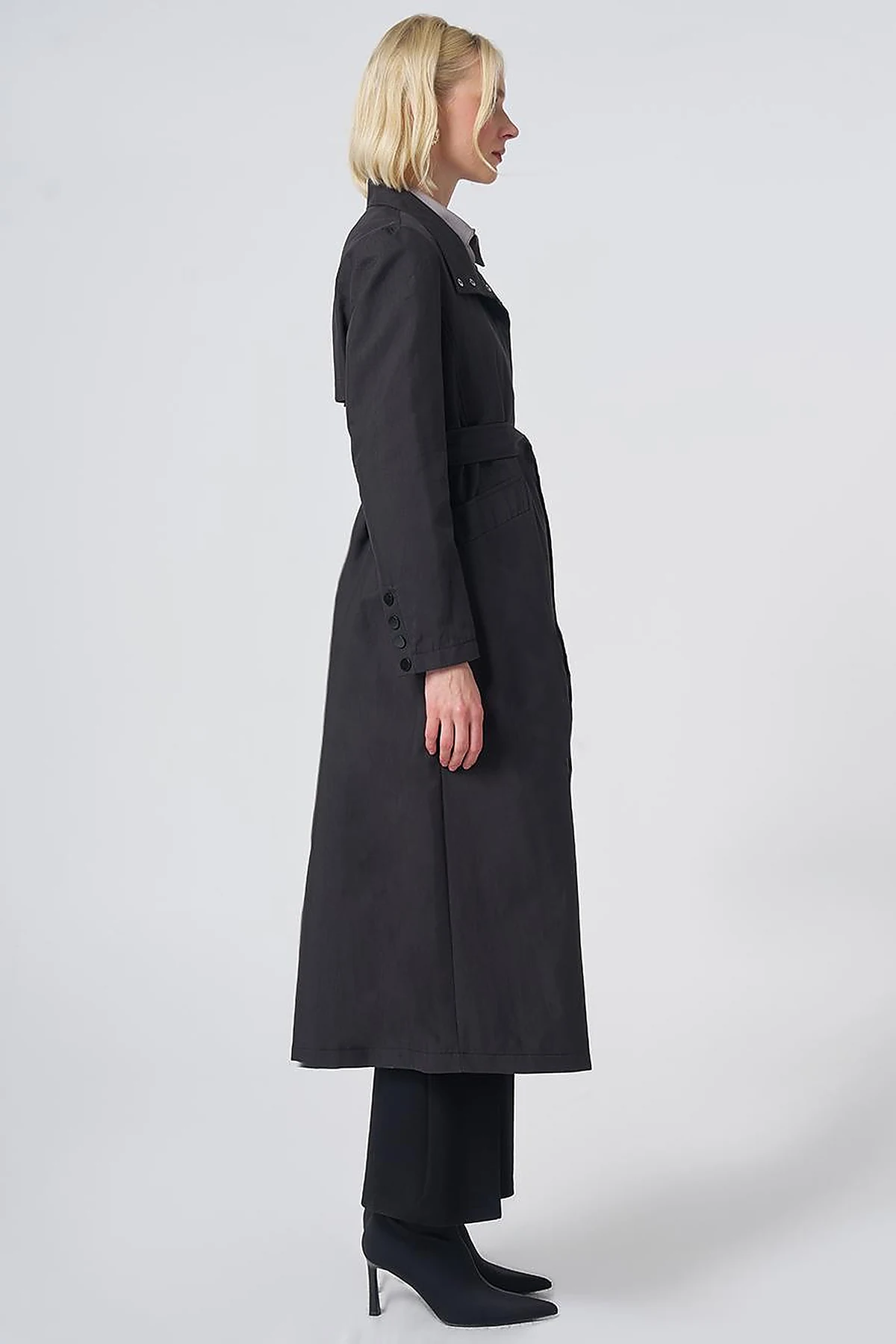 Belted Stand Collar Trench Coat – Black