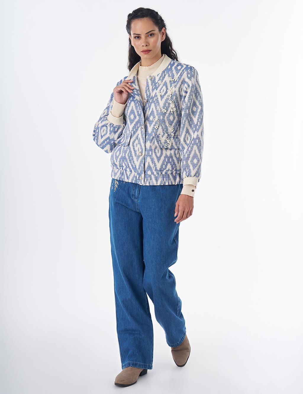 Pearl-Embellished Bomber Jacket – Indigo
