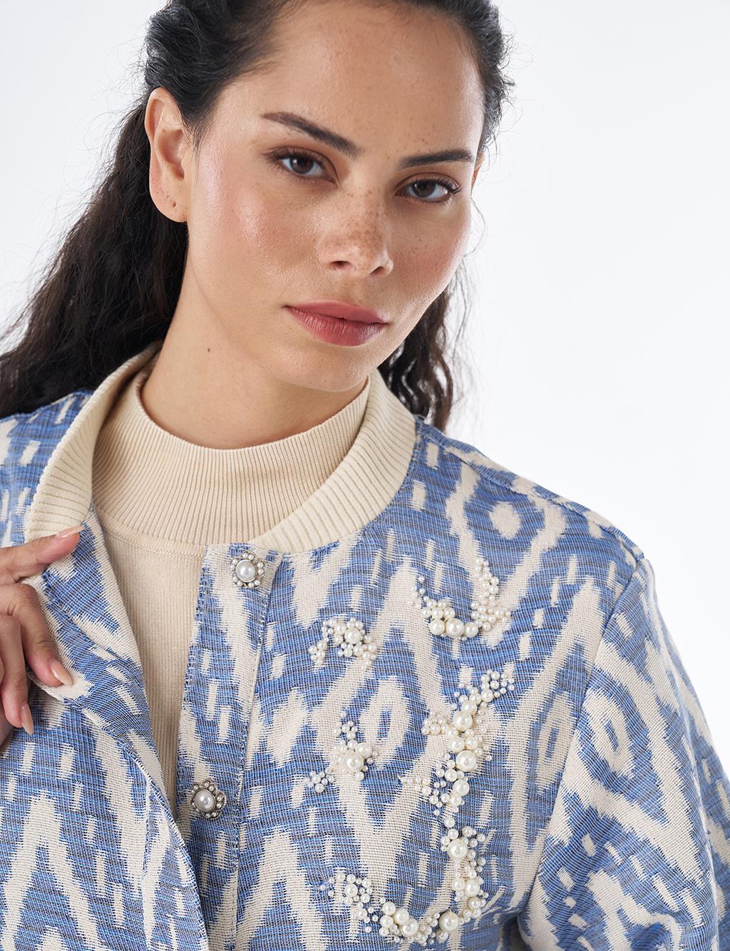 Pearl-Embellished Bomber Jacket – Indigo