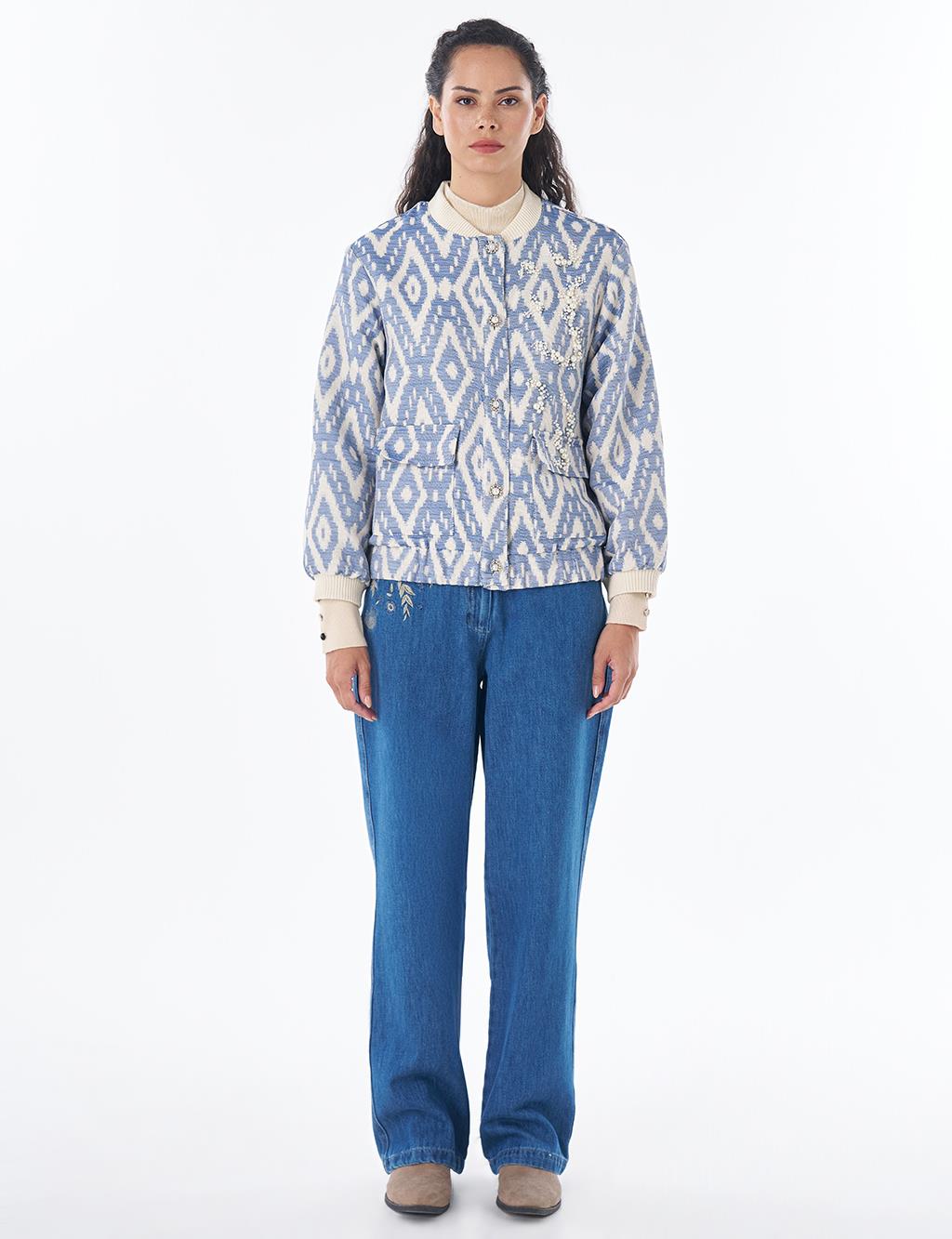 Pearl-Embellished Bomber Jacket – Indigo