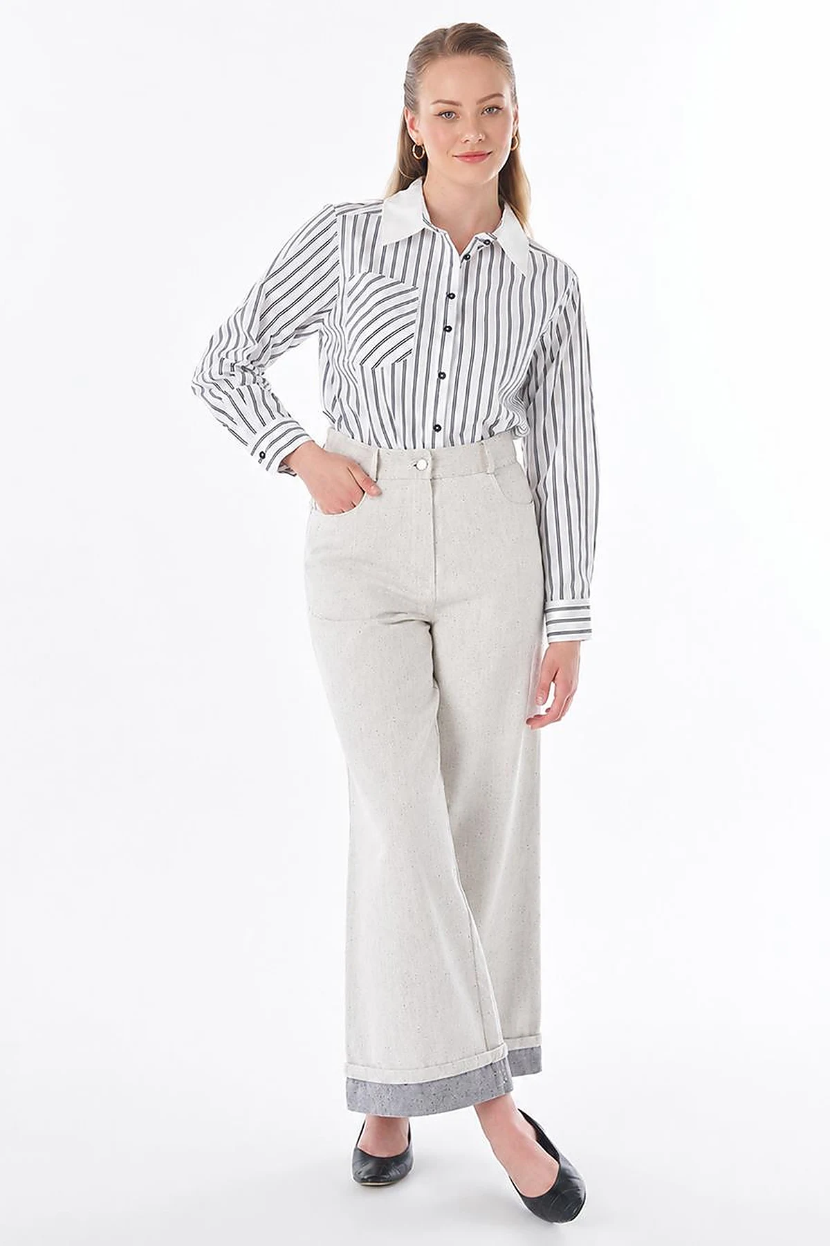 Turn-Up Hem Denim Trousers – Grey
