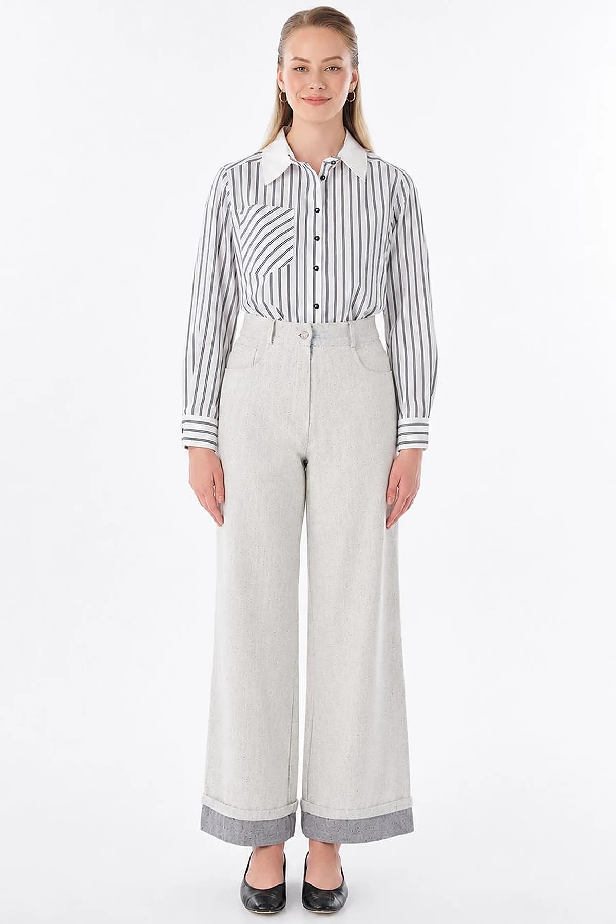 Turn-Up Hem Denim Trousers – Grey