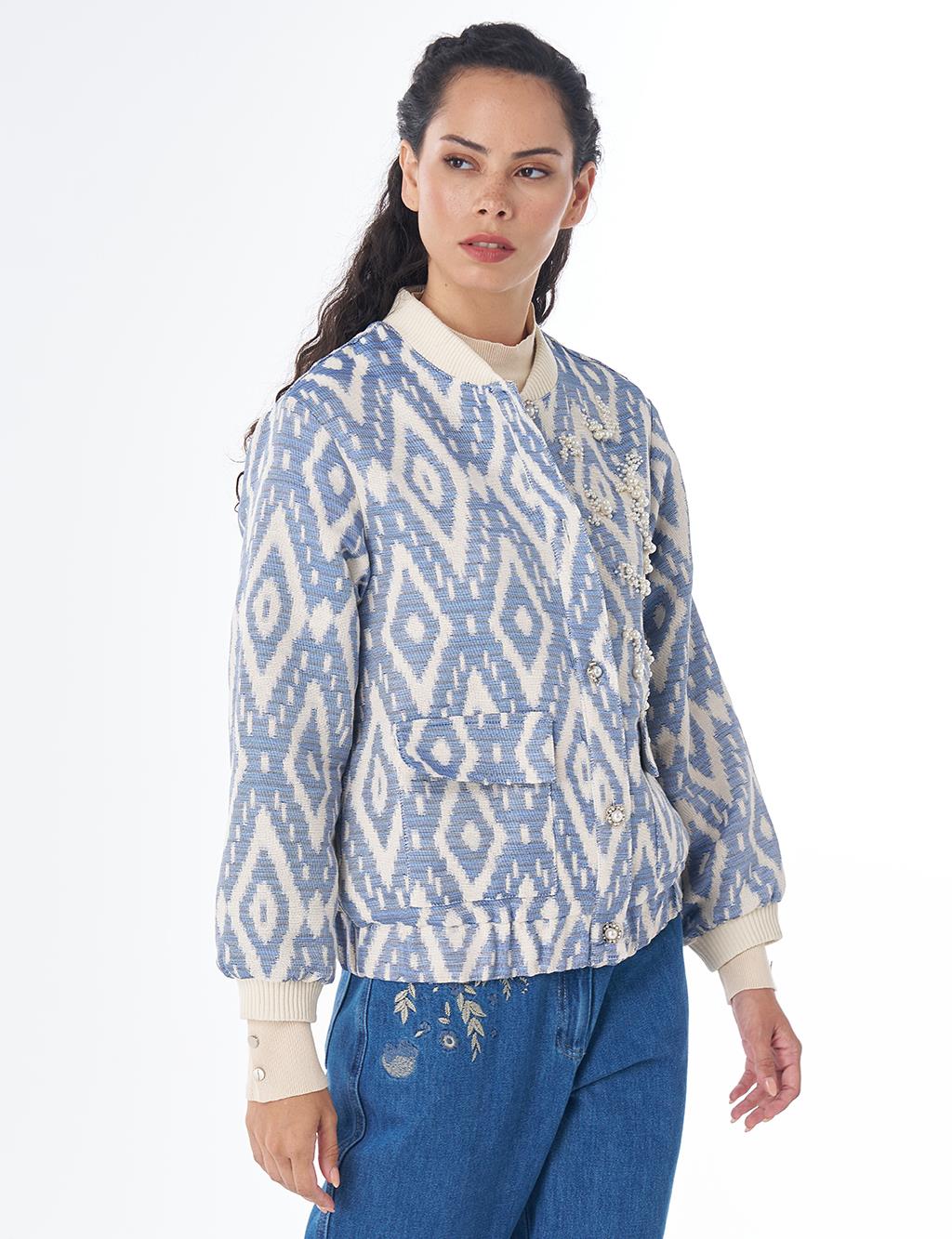 Pearl-Embellished Bomber Jacket – Indigo