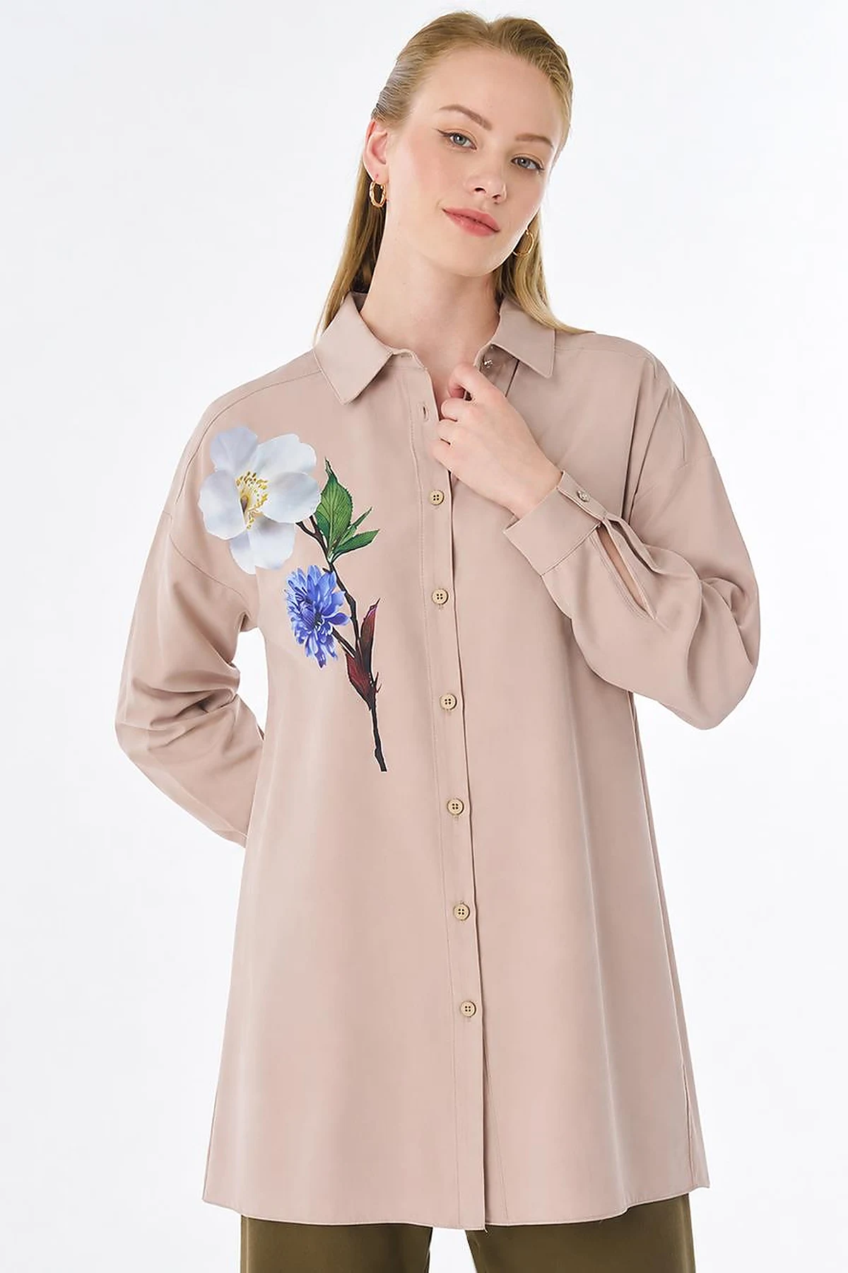 Floral Print Rayon Tunic – Mink