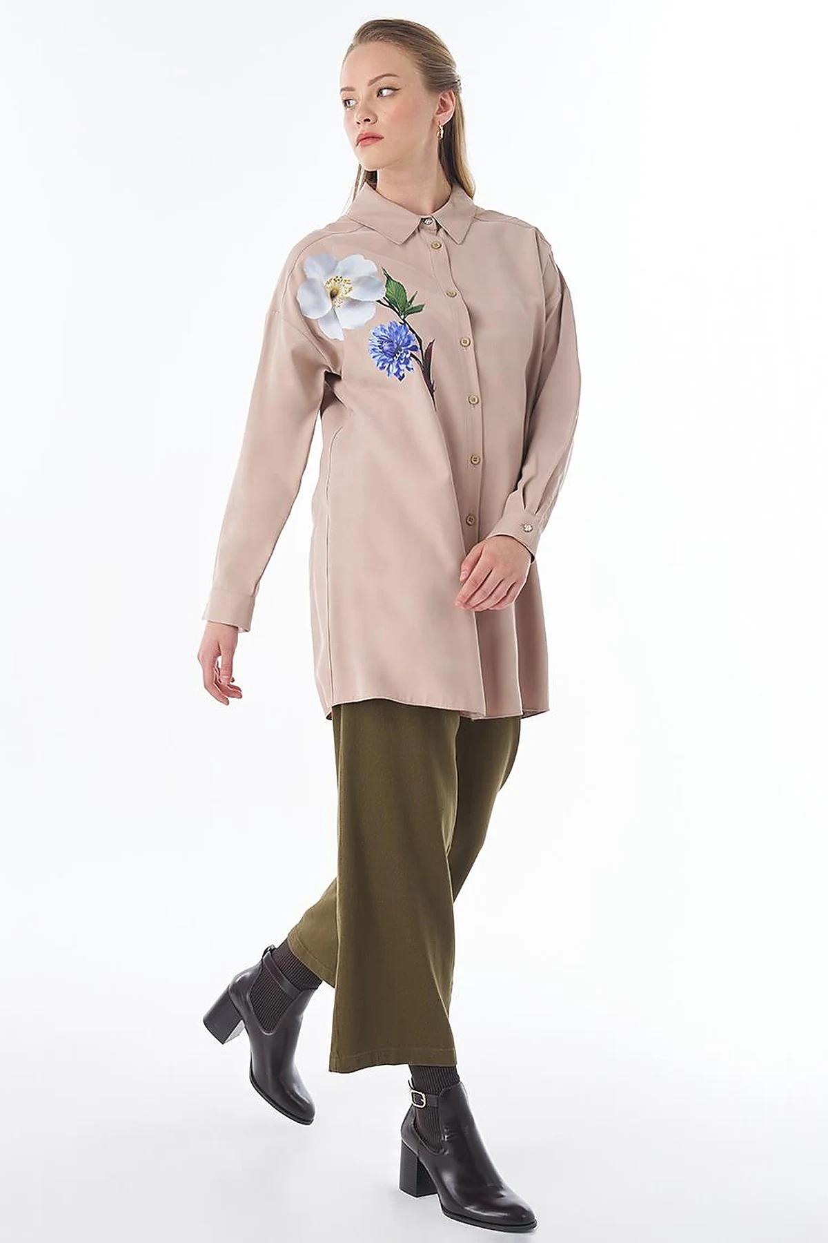 Floral Print Rayon Tunic – Mink