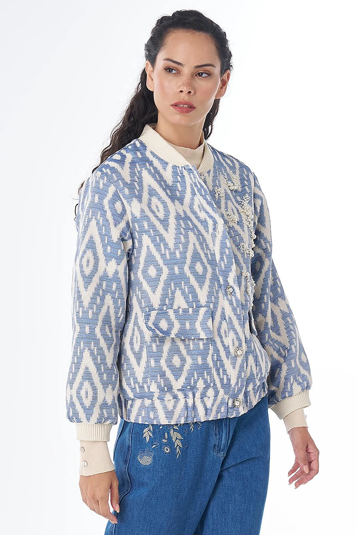 Pearl-Embellished Bomber Jacket – Indigo