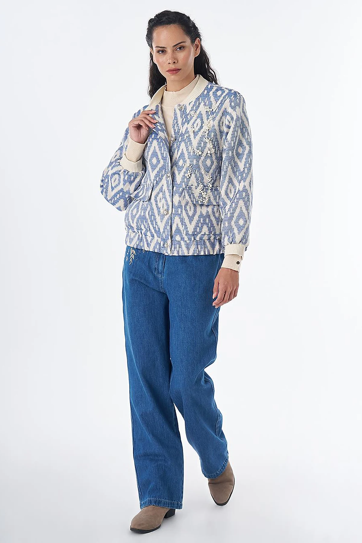 Pearl-Embellished Bomber Jacket – Indigo