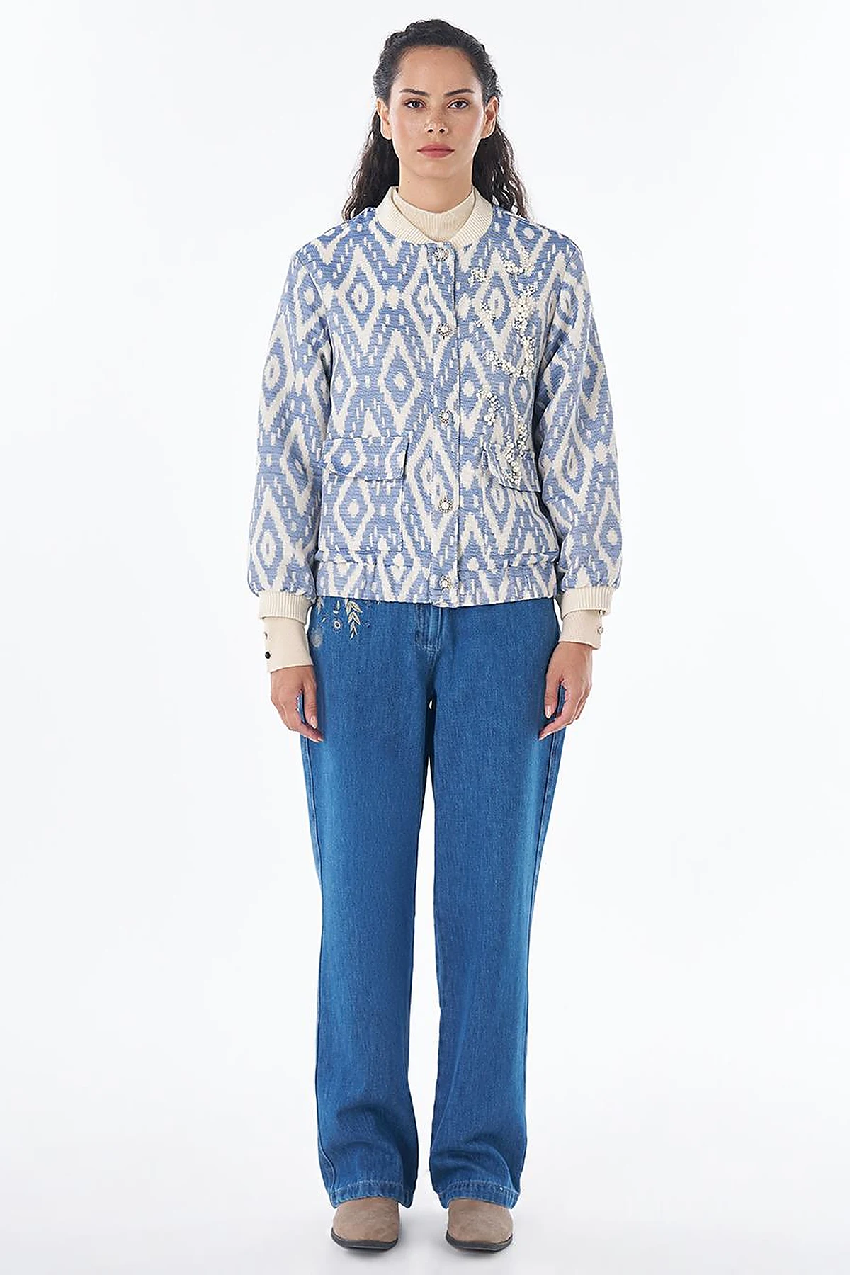 Pearl-Embellished Bomber Jacket – Indigo