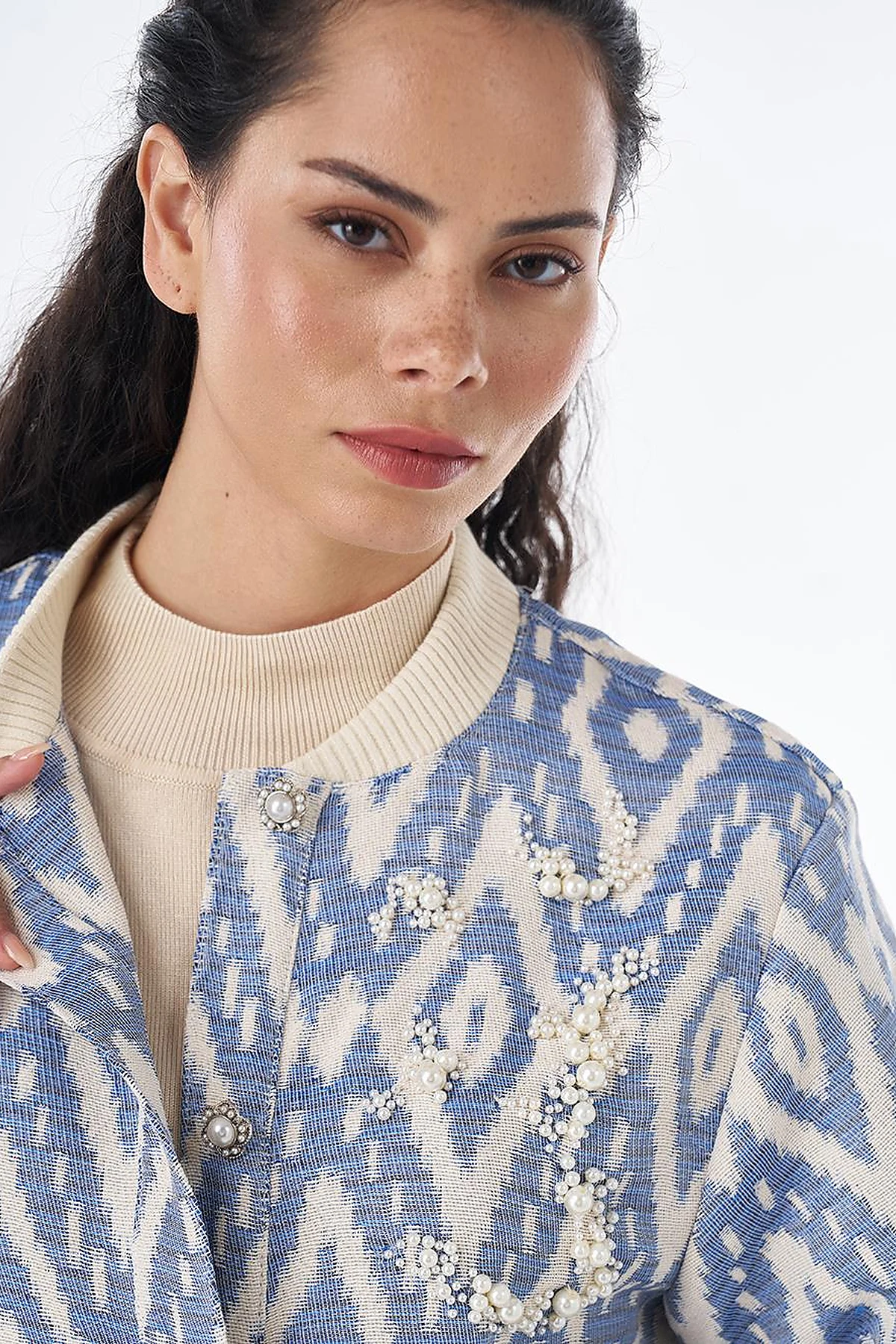 Pearl-Embellished Bomber Jacket – Indigo