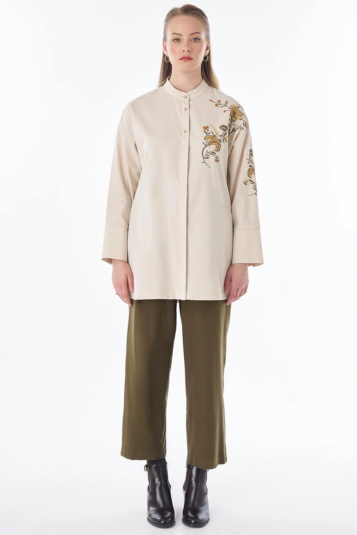 100% Cotton Mandarin Collar Tunic – Cream