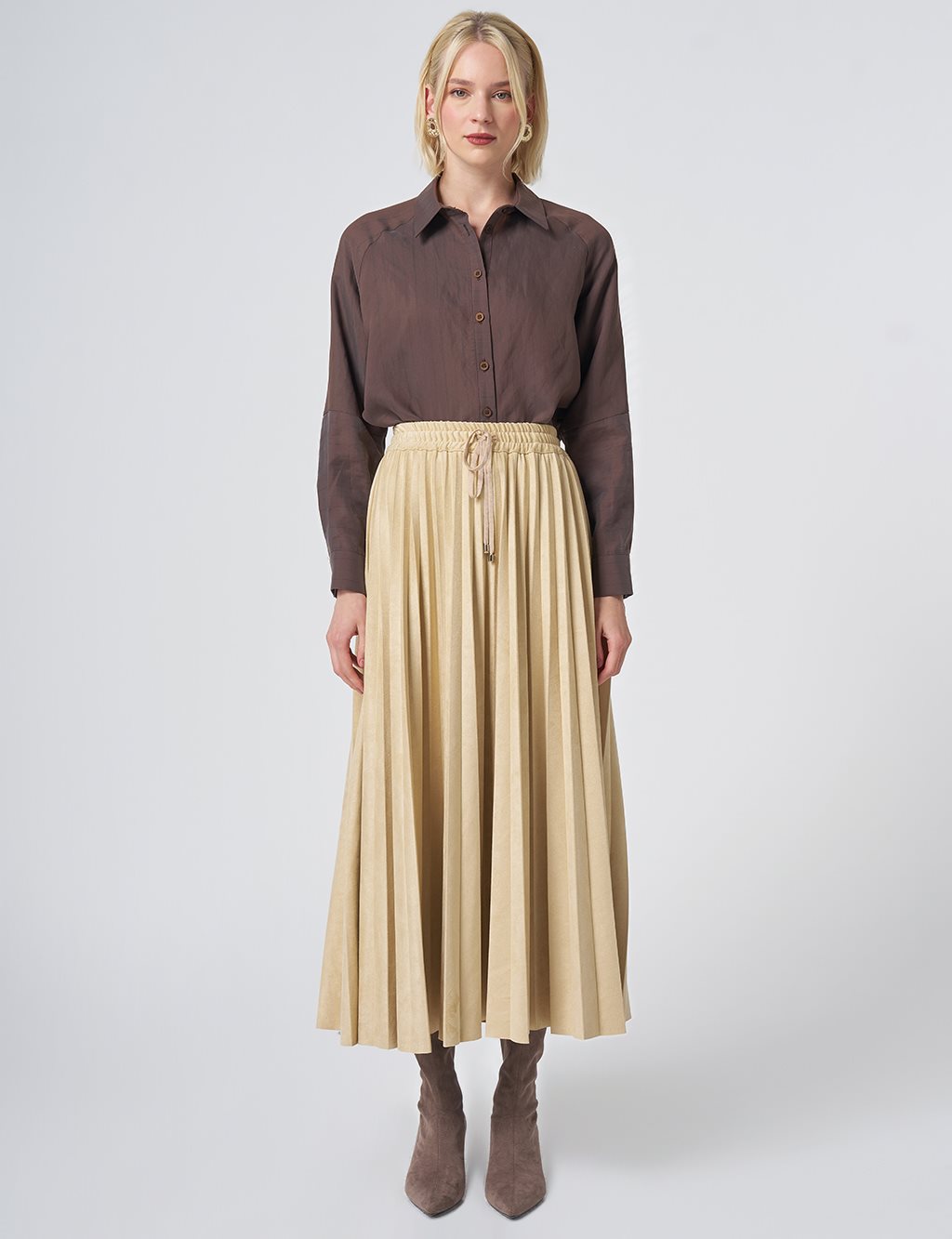 Pleated Suede Skirt – Light Yellow