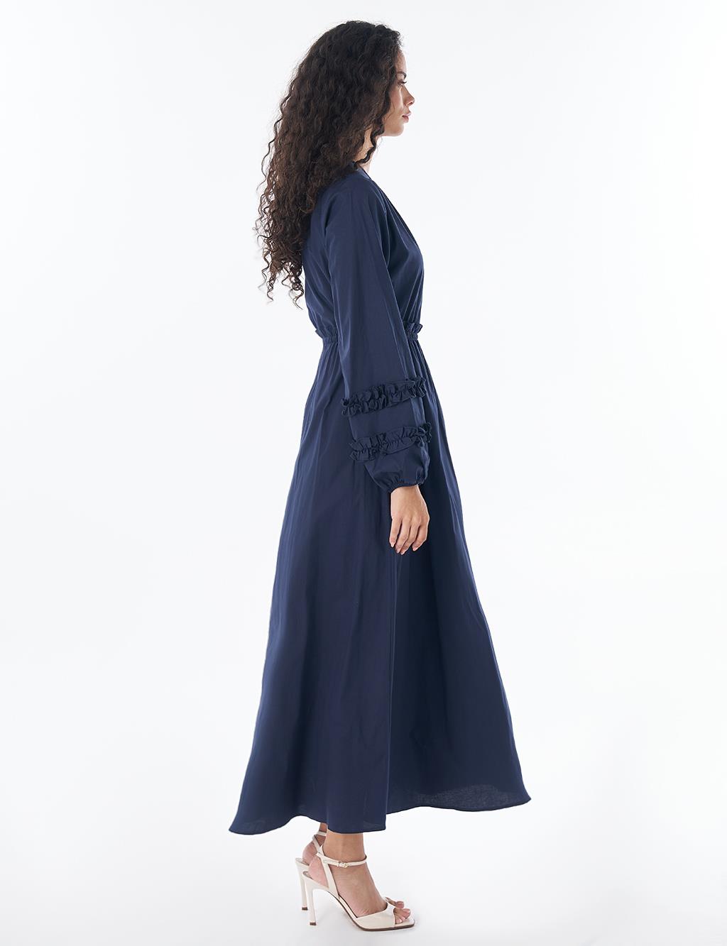 Ruffle-Detail Cotton Dress – Navy