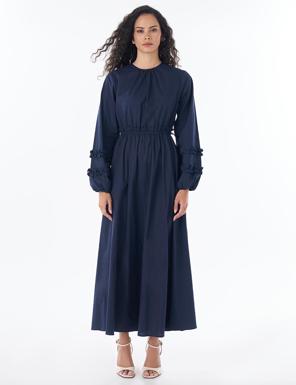 Ruffle-Detail Cotton Dress – Navy