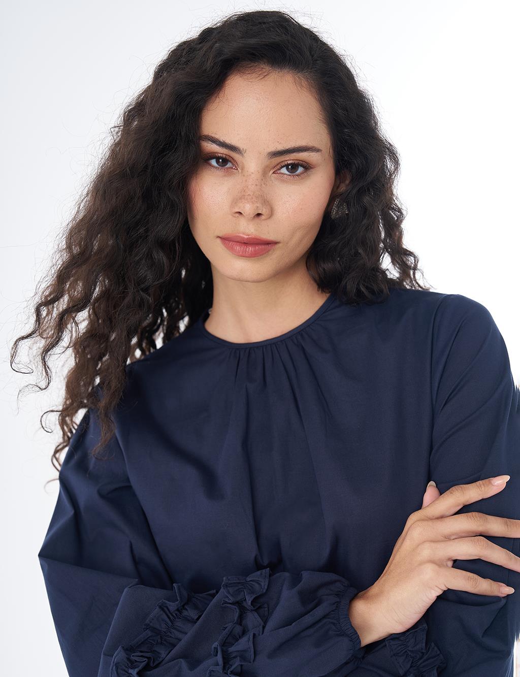 Ruffle-Detail Cotton Dress – Navy