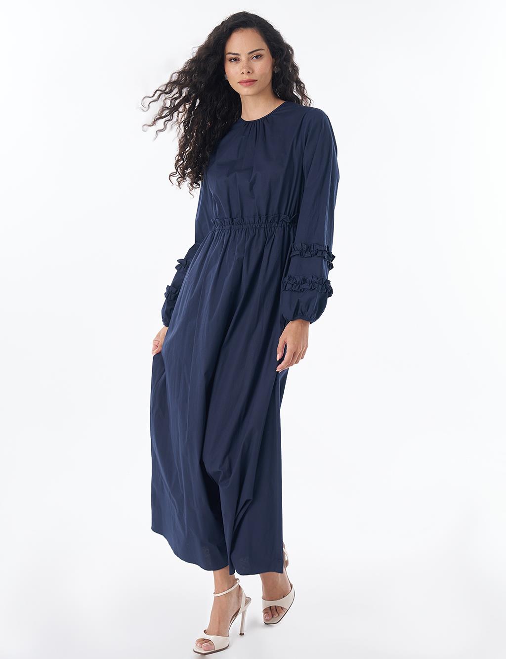Ruffle-Detail Cotton Dress – Navy