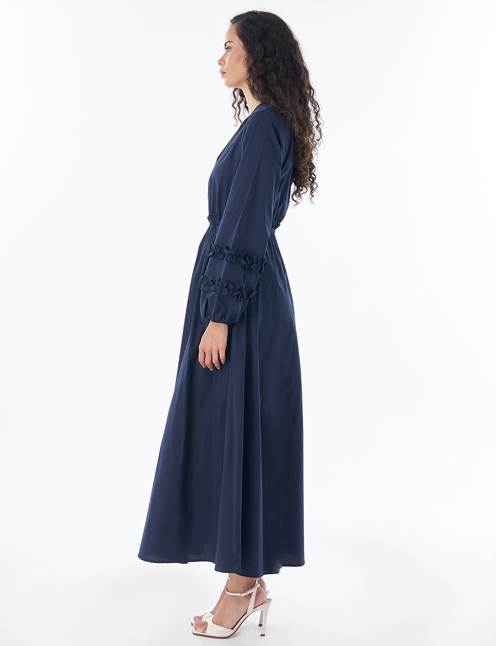 Ruffle-Detail Cotton Dress – Navy