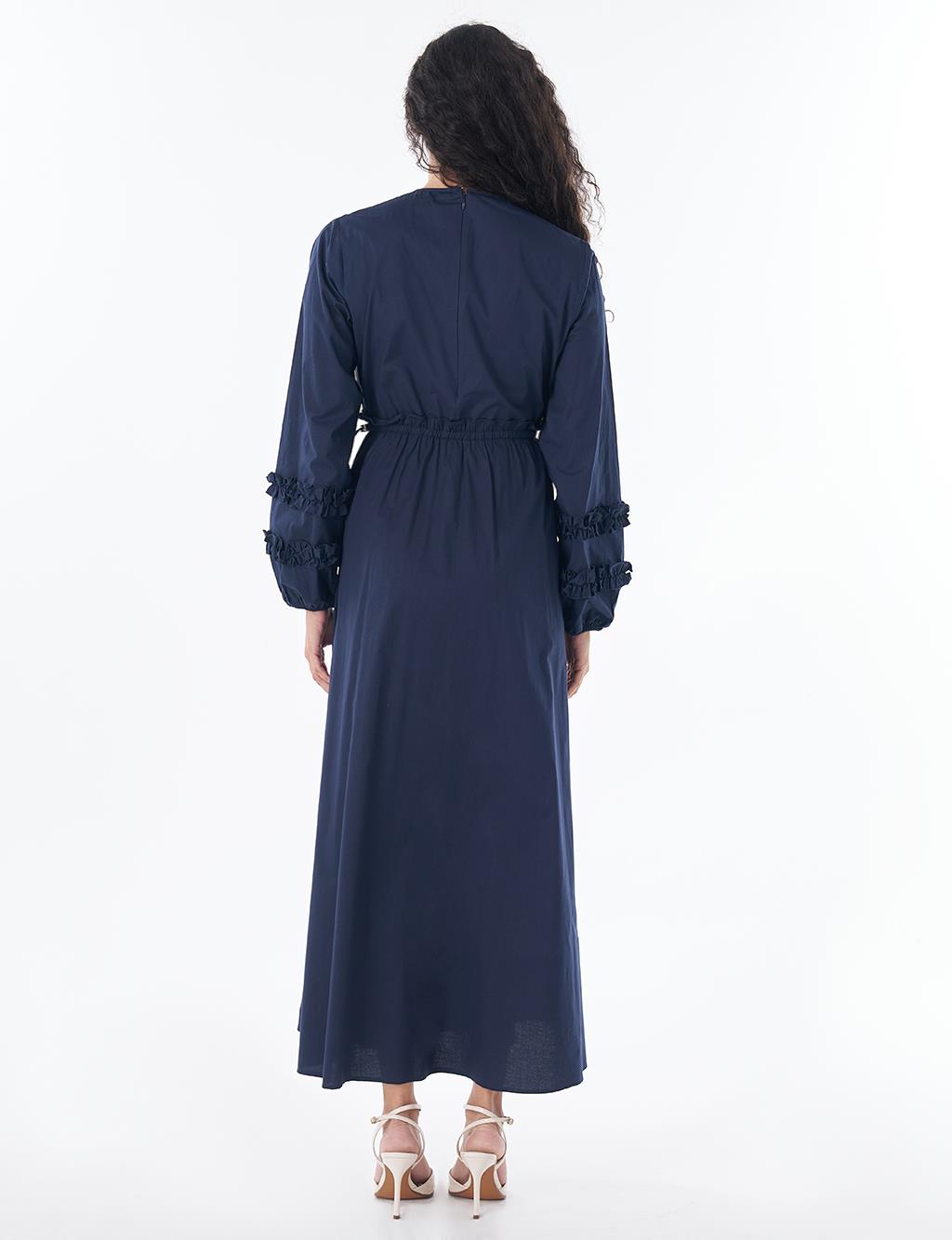 Ruffle-Detail Cotton Dress – Navy